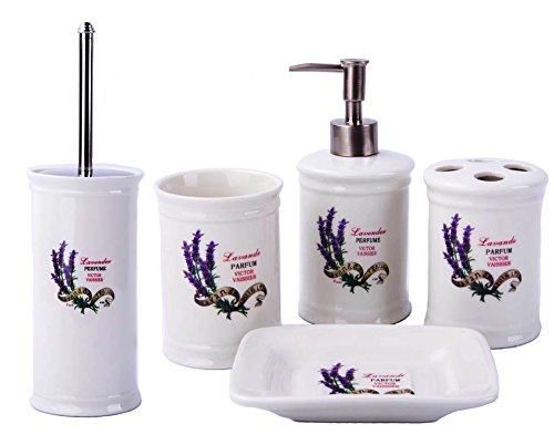 Vintage Country House Style Lavender Bathroom Accessory Set - Ceramic Soap Dispenser, Toilet Brush, Soap Dish, Toothbrush Holder & Tumbler (5-Piece Set) for Farmhouse, Cottage & Rustic Bathroom Decor