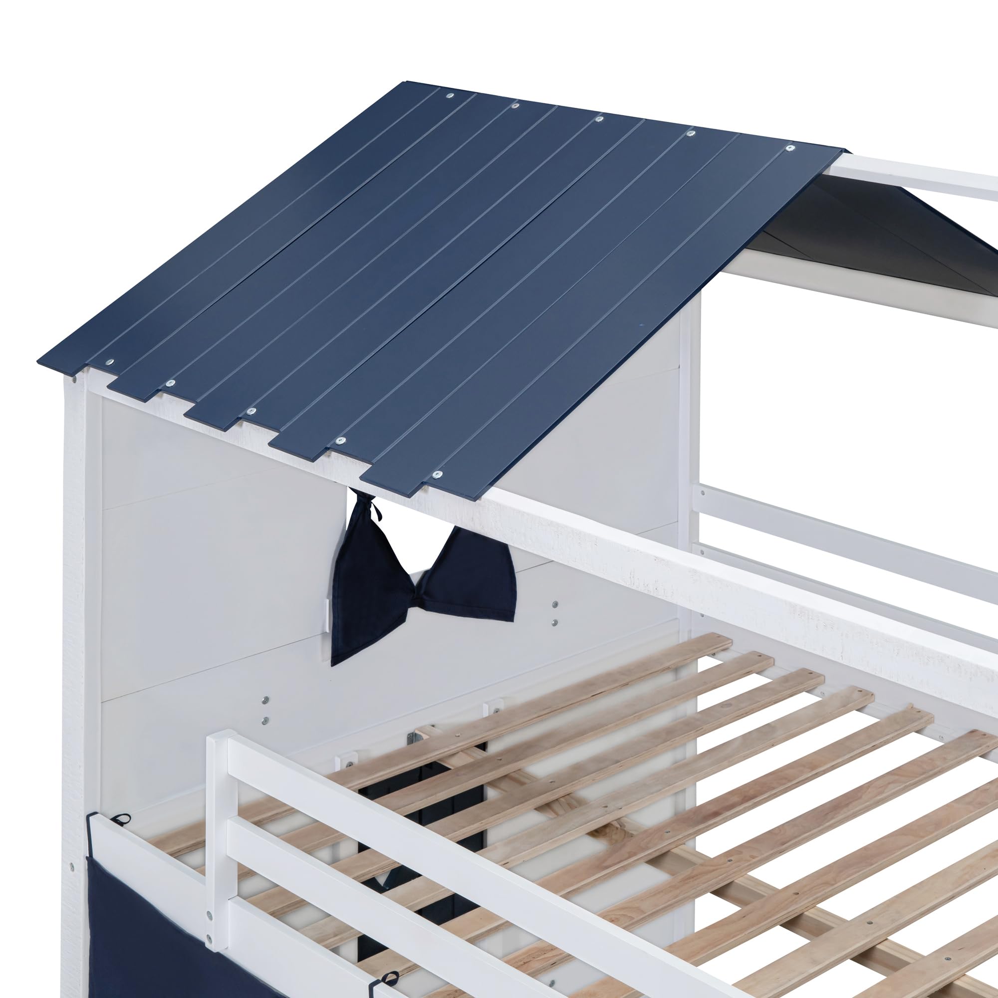 SOFTSEA Twin Over Twin House Bunk Bed for Kids with Tent, Slide Ladder & Guardrails - Wooden Loft Bed Frame with Windows - Blue Playhouse Bunk Bed for Boys & Girls | Perfect for Small Bedrooms, Shared Kids' Rooms & Play Areas