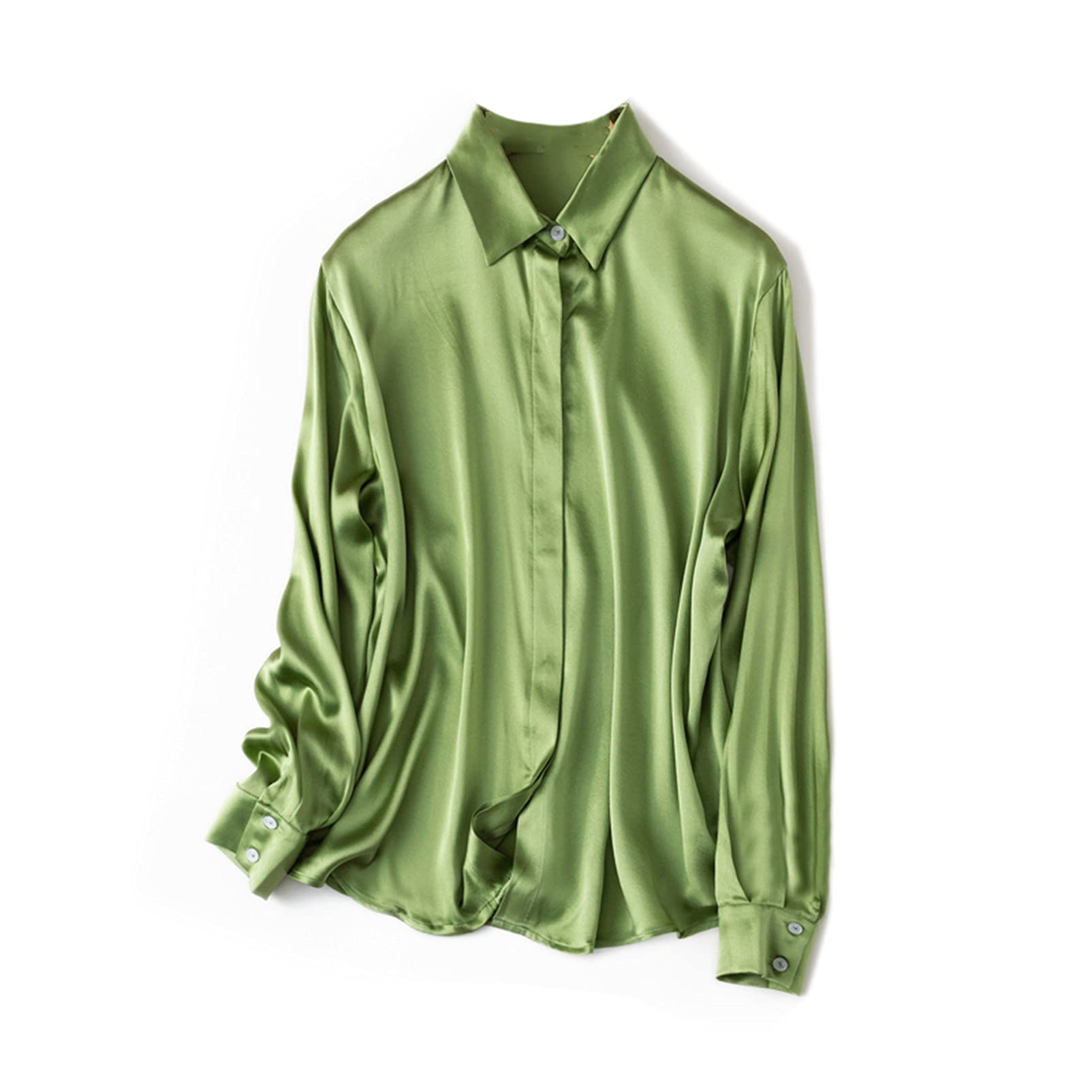 Women's Solid Color Silk Satin Long Sleeve Blouse - Elegant Office Shirt for Spring & Autumn - Perfect for Business Casual, Workwear & Formal Occasions