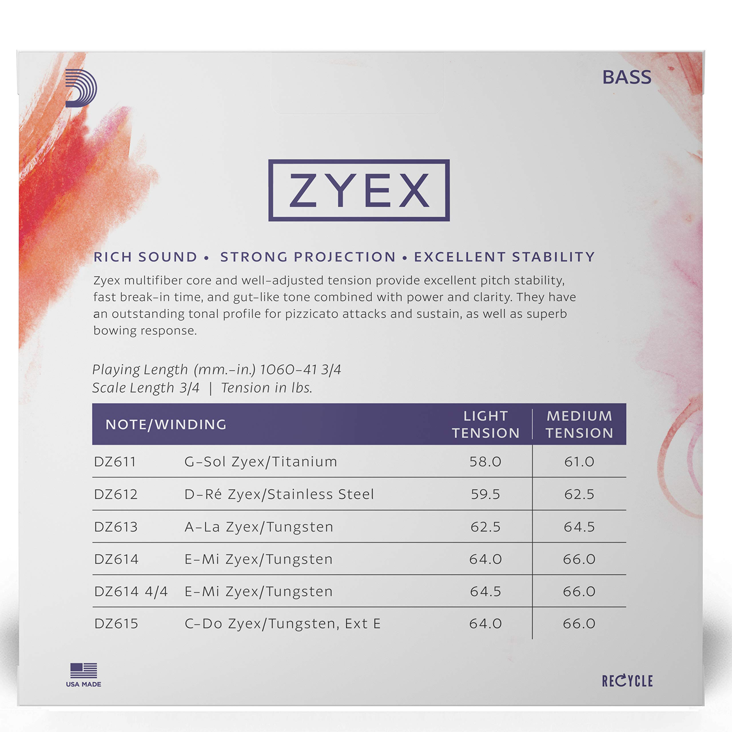 D'Addario Zyex Bass Strings Set - 3/4 Scale Medium Tension for Upright Bass - Perfect for Jazz, Classical & Studio Recording