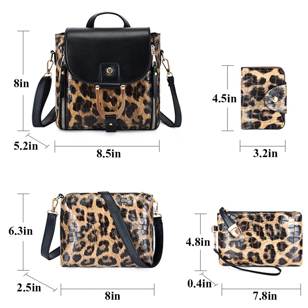 ZiMing Women's Handbag Set - 4 Piece Leopard Print Leather Purse, Crossbody Shoulder Bag & Wristlet Wallet Combo | Fashion Accessories for Work, Travel & Everyday Use