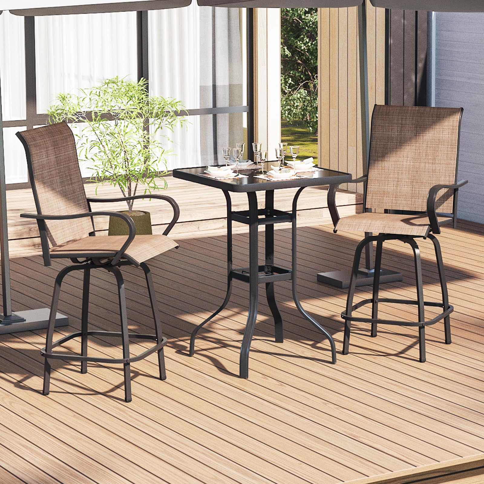 Aoxun 3-Piece Outdoor Swivel Bar Stool Set - 2 Patio Bar Stools with 1 Bar Table, Weather-Resistant Outdoor Dining Set for Backyard, Garden, Balcony & Deck - Perfect for BBQs, Poolside Lounging & Outdoor Entertaining
