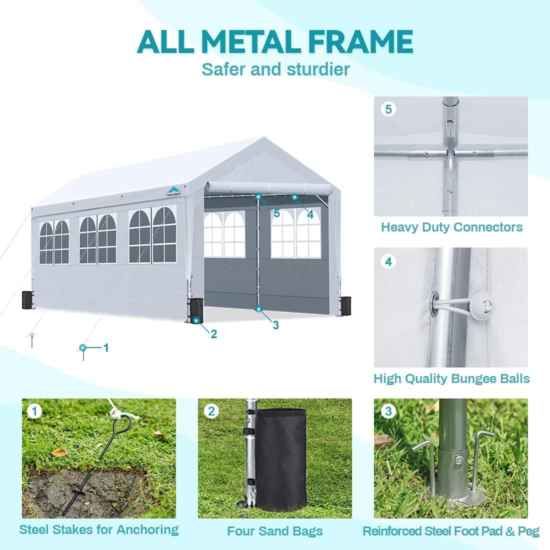 ADVANCE OUTDOOR 10x20 ft Heavy Duty Adjustable Height Carport Canopy - Weatherproof Garage Shelter for Cars, Boats & Outdoor Events with Removable PVC Windows & Sidewalls - Perfect for Weddings, Parties & Vehicle Protection (White)
