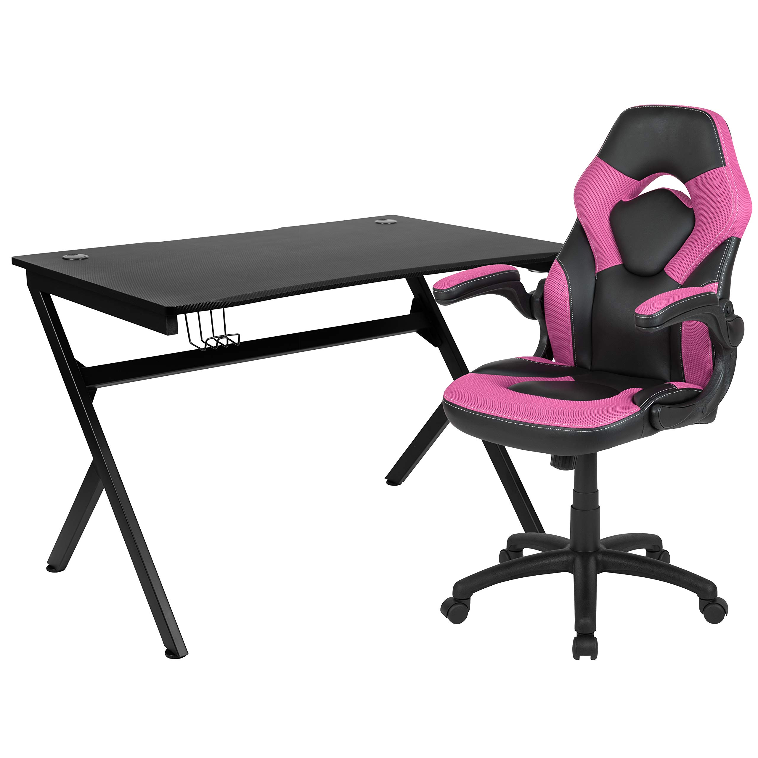 EMMA + OLIVER Black Pink Gaming Desk Bundle with Cup Holder & Headphone Stand - Cable Management System for PC Gaming Setup - Perfect for Home Office, Streaming & Esports Stations