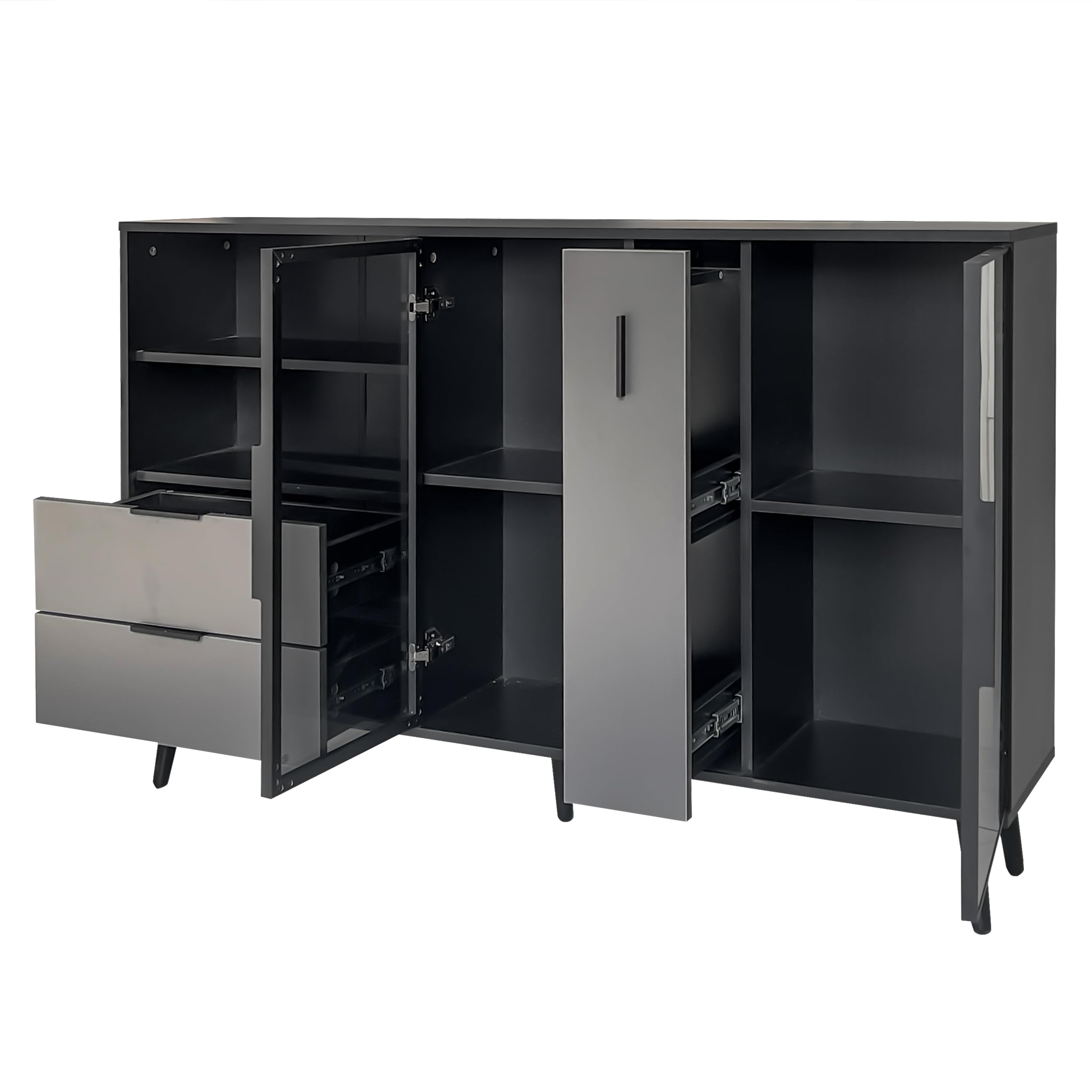 Modern Storage Cabinet with Tempered Glass Doors & Drawers - Multi-Purpose Sideboard, Entryway Console Table & TV Stand with Metal Handles for Living Room, Bedroom or Office (Black & Gray) - Perfect for Organizing, Displaying Decor & Enhancing Home Aesthetics