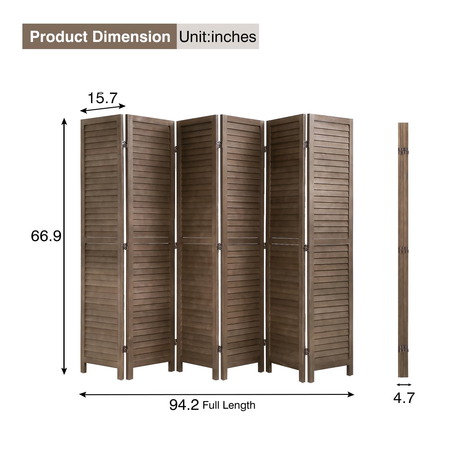 6 Panel Wood Room Divider Screen - 5.75 Ft Tall Folding Privacy Partition for Home, Office, Bedroom & Restaurant - 68.9