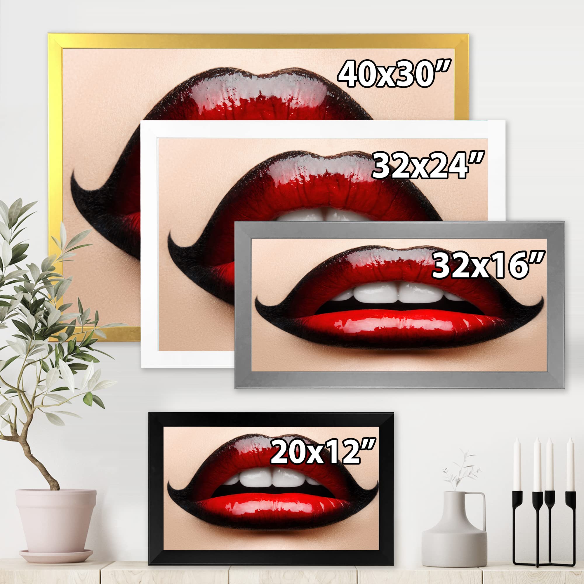 DesignQ Modern Framed Wall Art - Red & Black Lipstick Female Lips Painting - Perfect for Living Room, Bedroom, Office Decor