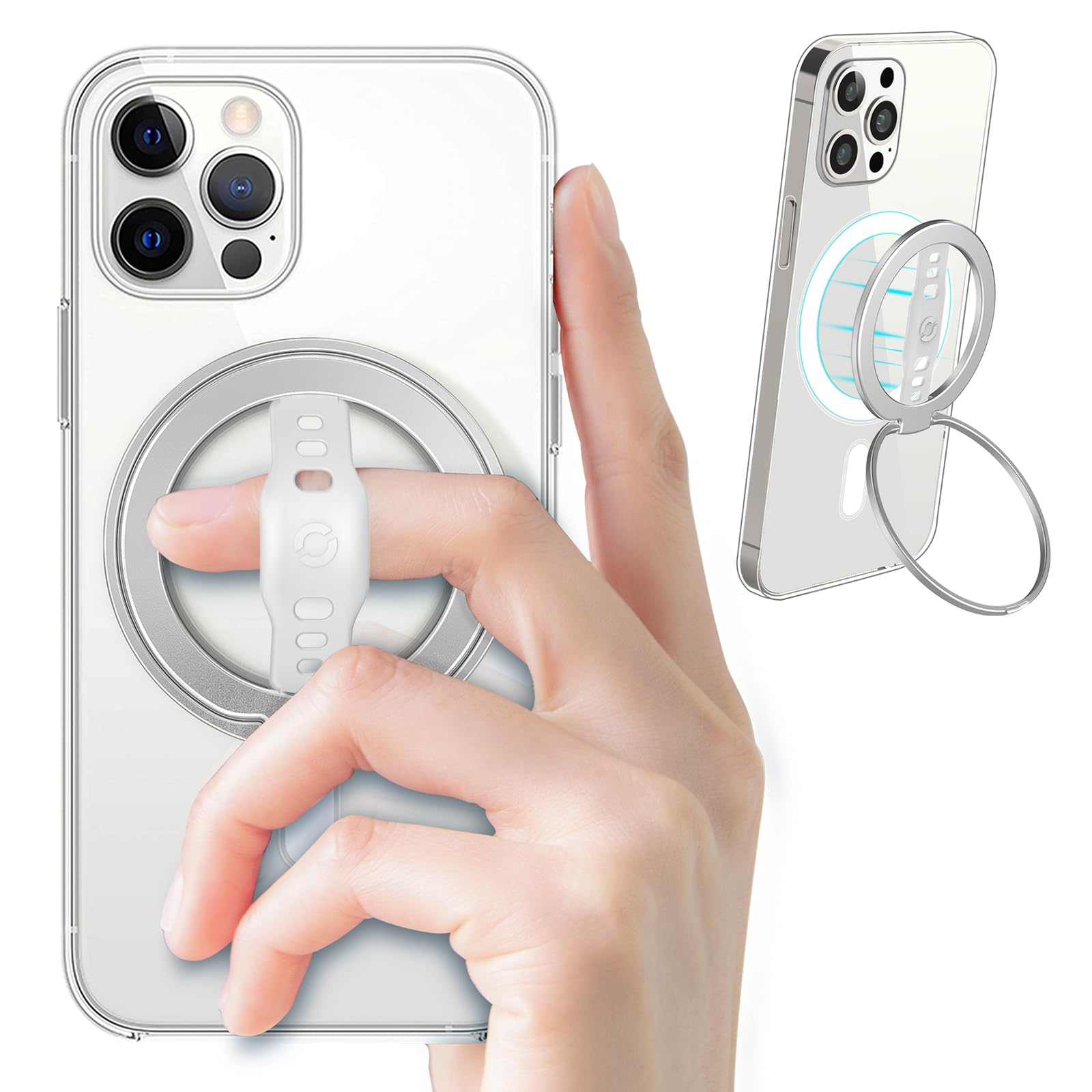 EWA MagOne Upgrade: MagSafe Phone Grip Stand with Silicone Finger Strap, Removable Magnetic Ring Holder & Kickstand Loop for iPhone 15, 14, 13 Pro/Max/Plus (Silver) - Perfect for Travel, Work & Everyday Use