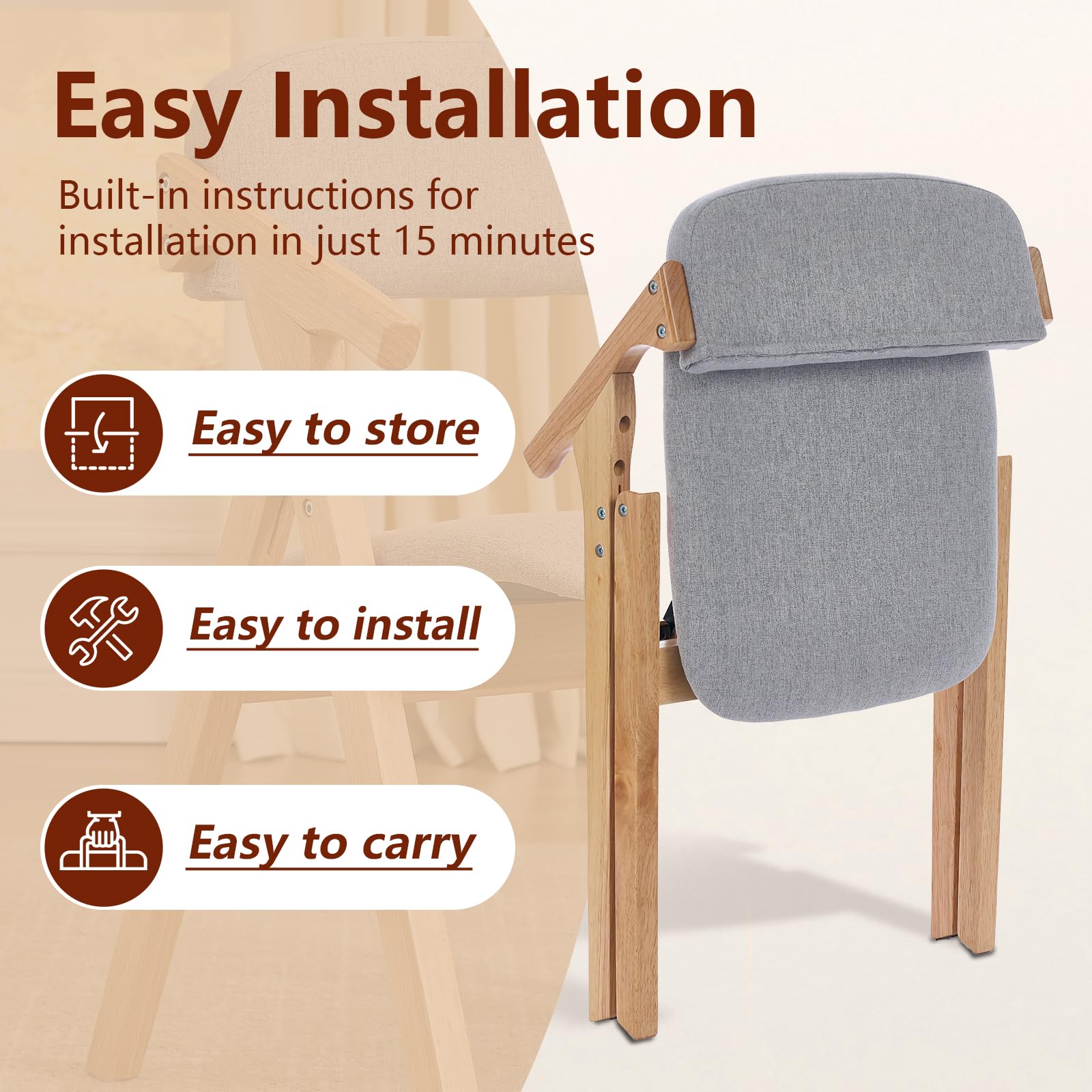 2 Pack Solid Wood Folding Dining Chairs with Linen Padded Seat - Space Saving Foldable Kitchen Chairs for Small Spaces, Dining Room, Living Room, Wedding & Outdoor Picnic (Light Grey) - Perfect for Home, Restaurant and Event Use