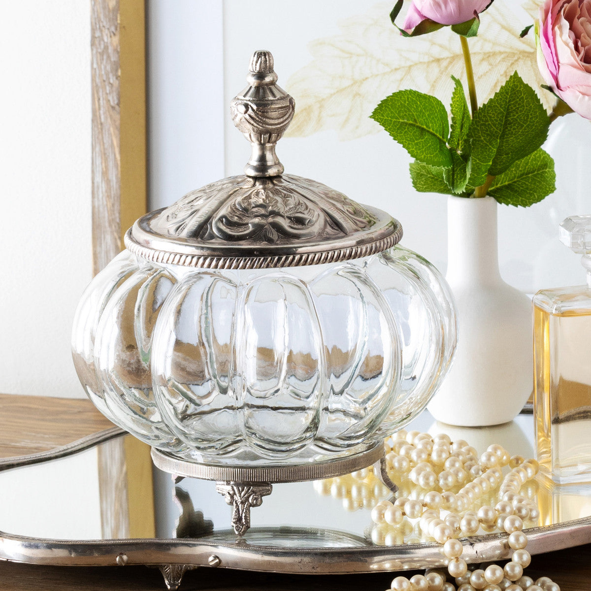 Elegant Filigree Glass Vanity Jar with Lid - Vintage Style Cosmetic Storage Container for Bathroom, Makeup Counter & Dressing Table Organization