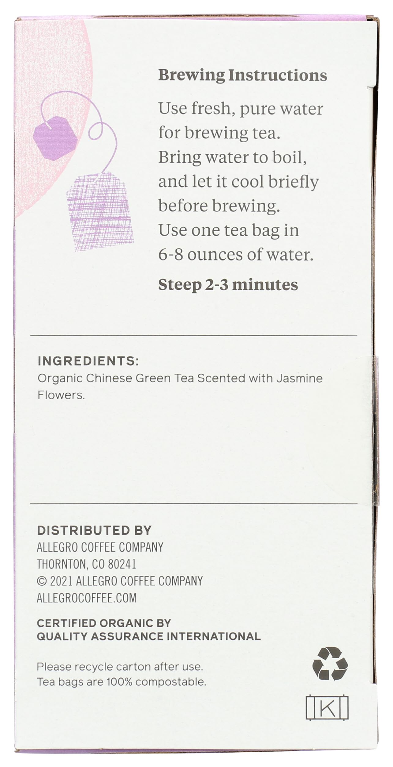 Organic Jasmine Green Tea Bags by Allegro Tea - 20 Count | Premium Loose Leaf Alternative | Perfect for Relaxation, Afternoon Tea & Gift Giving