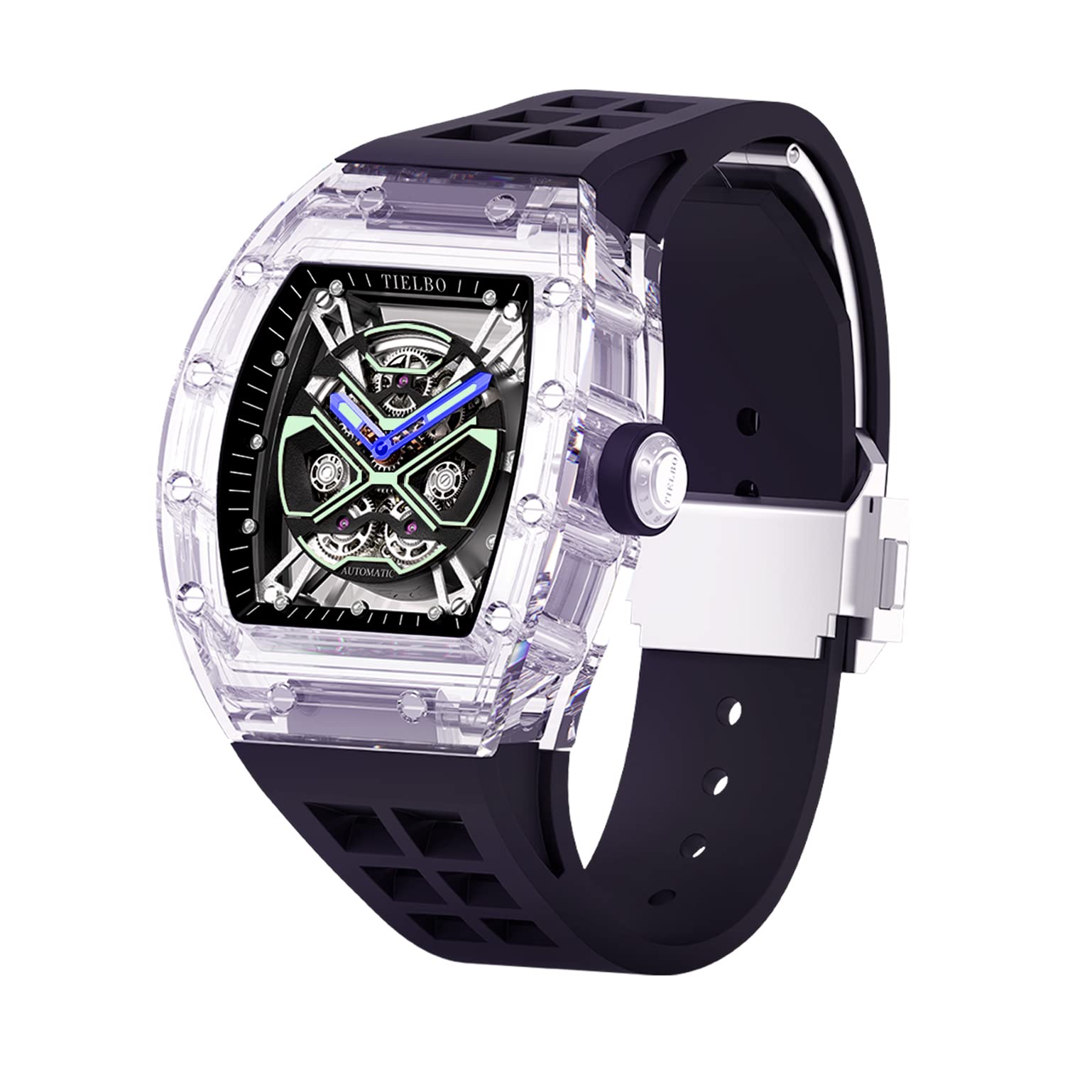 TIELBO Men's Luxury Skeleton Watch - Japanese Automatic Movement, Transparent Case, Sapphire Glass, 30M Waterproof, Luminous Hands, Silicone Strap | Business, Sports & Casual Wear | Perfect for Office, Gym & Everyday Use (Model TS851)