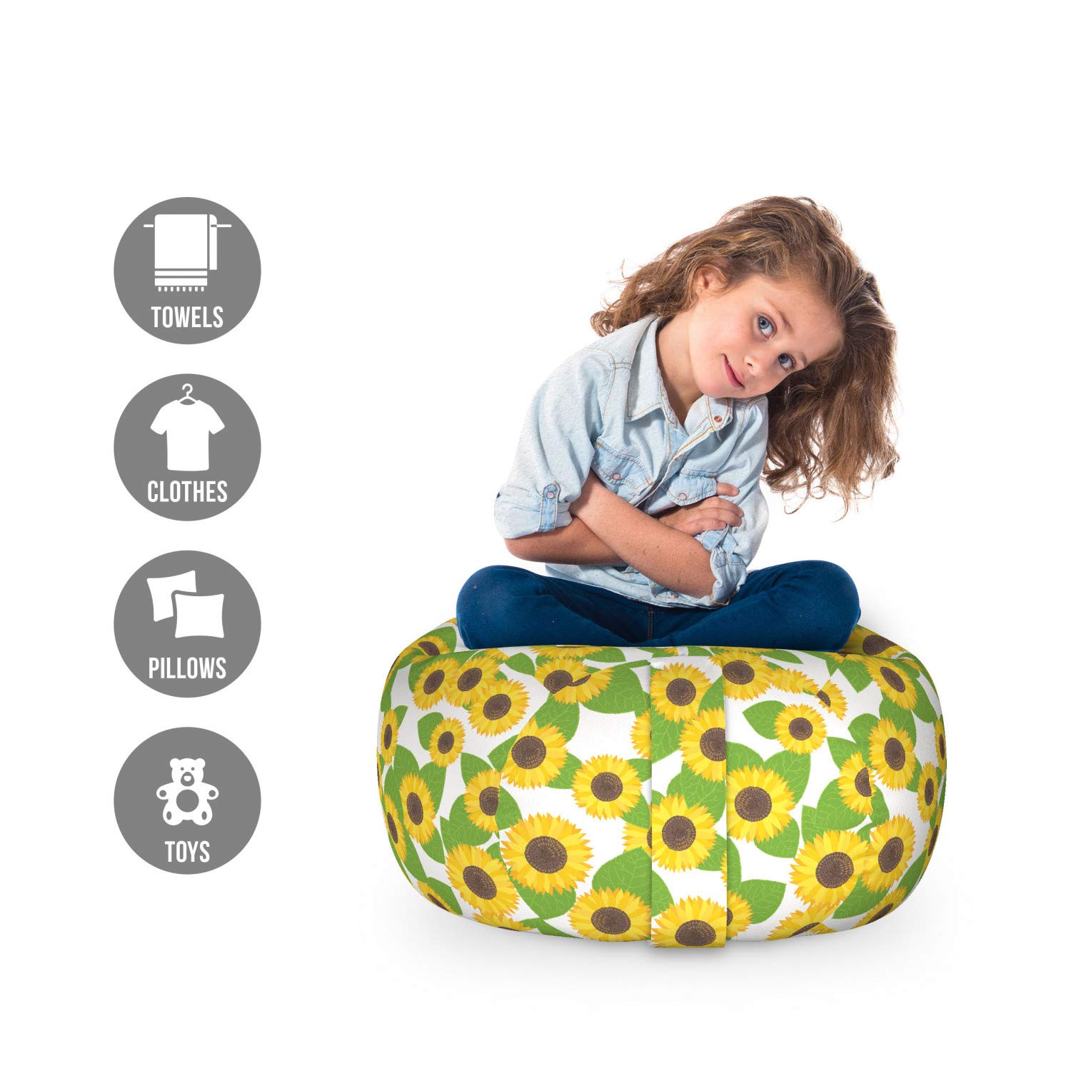 Lunarable Sunflower Storage Toy Bag Chair - Botanical Foliage & Blooming Sunflower Design, Washable Stuffed Animal Organizer Bag (Small, Green/Brown) | Kids Room Decor, Playroom Storage, Nursery Organization