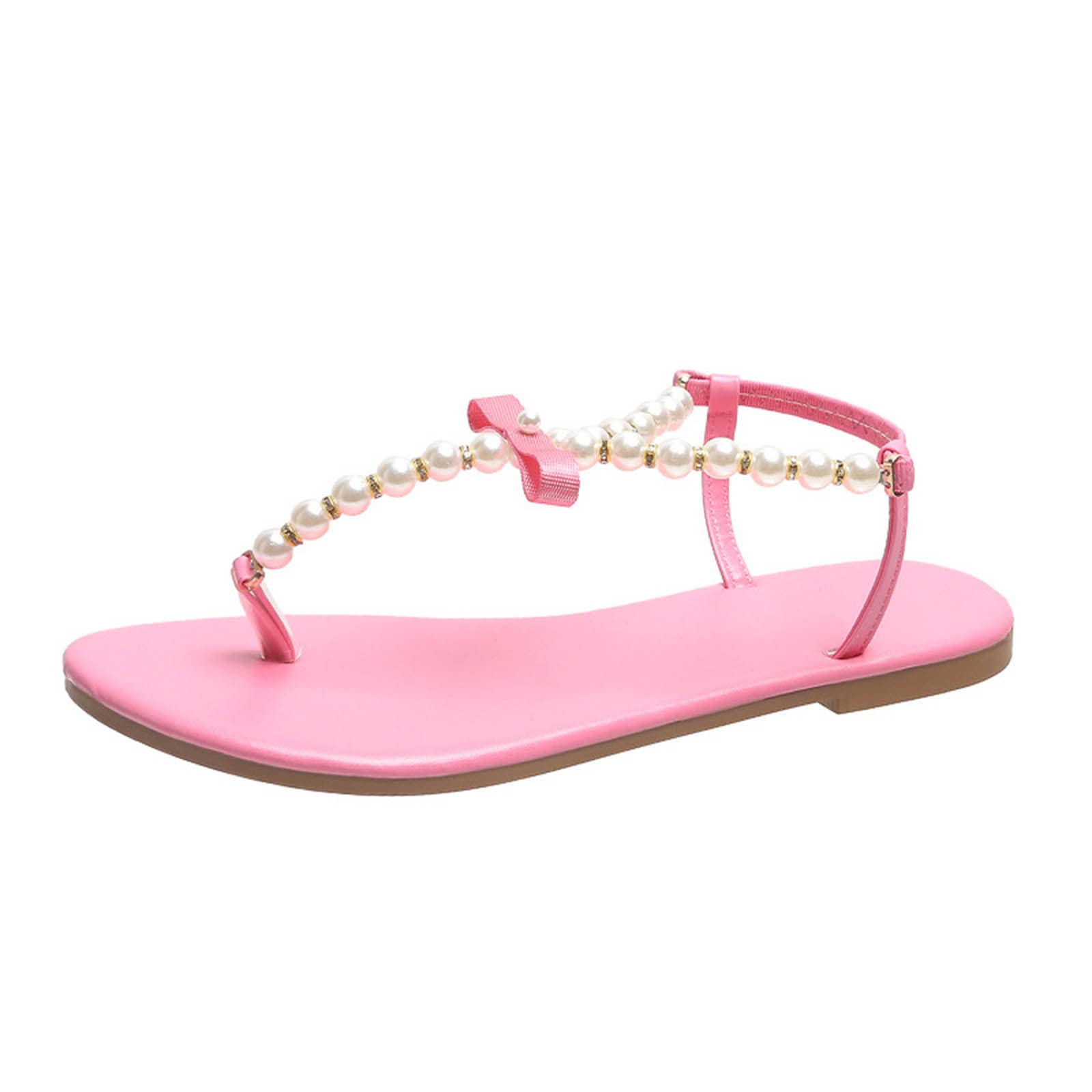 Women's Summer Fashion Flip Flops with Ribbon & Pearl Decor - Comfortable Hard Sole Casual Sandals - Size 9 - Perfect for Beach, Pool, and Outdoor Relaxation