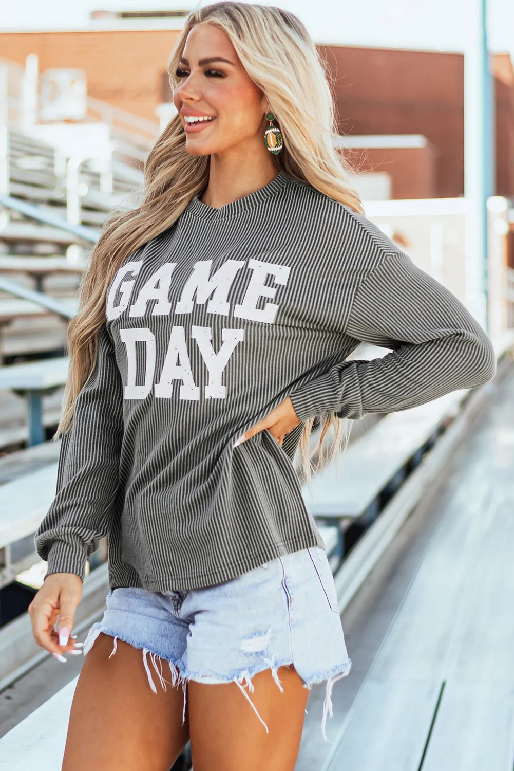 Game Day Striped Round Neck Long Sleeve T-Shirt - Comfortable Casual Wear for Sports, Outings & Everyday Fashion