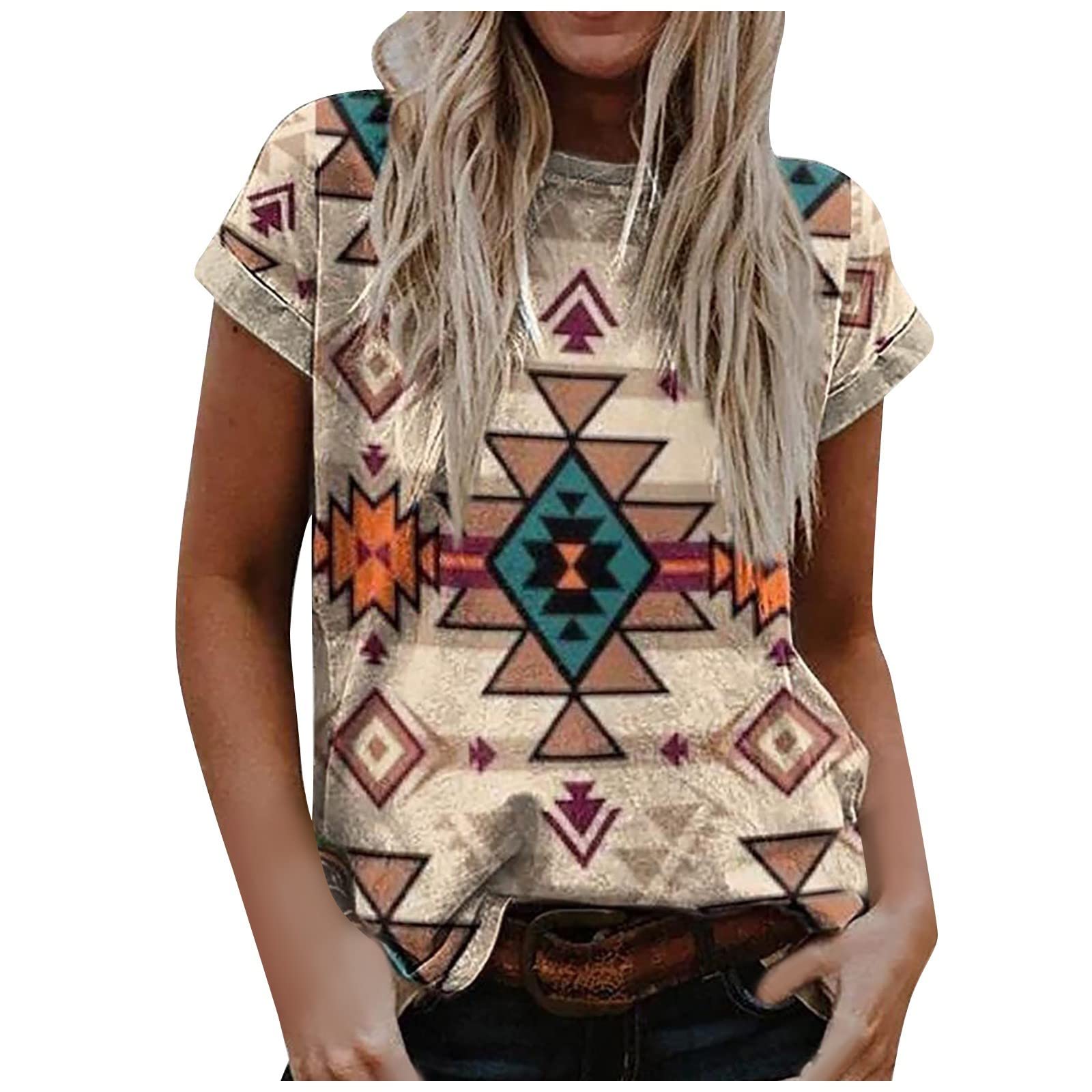 UODSVP Women's Short Sleeve Blouses - Casual Western Print Tops for Summer Outings