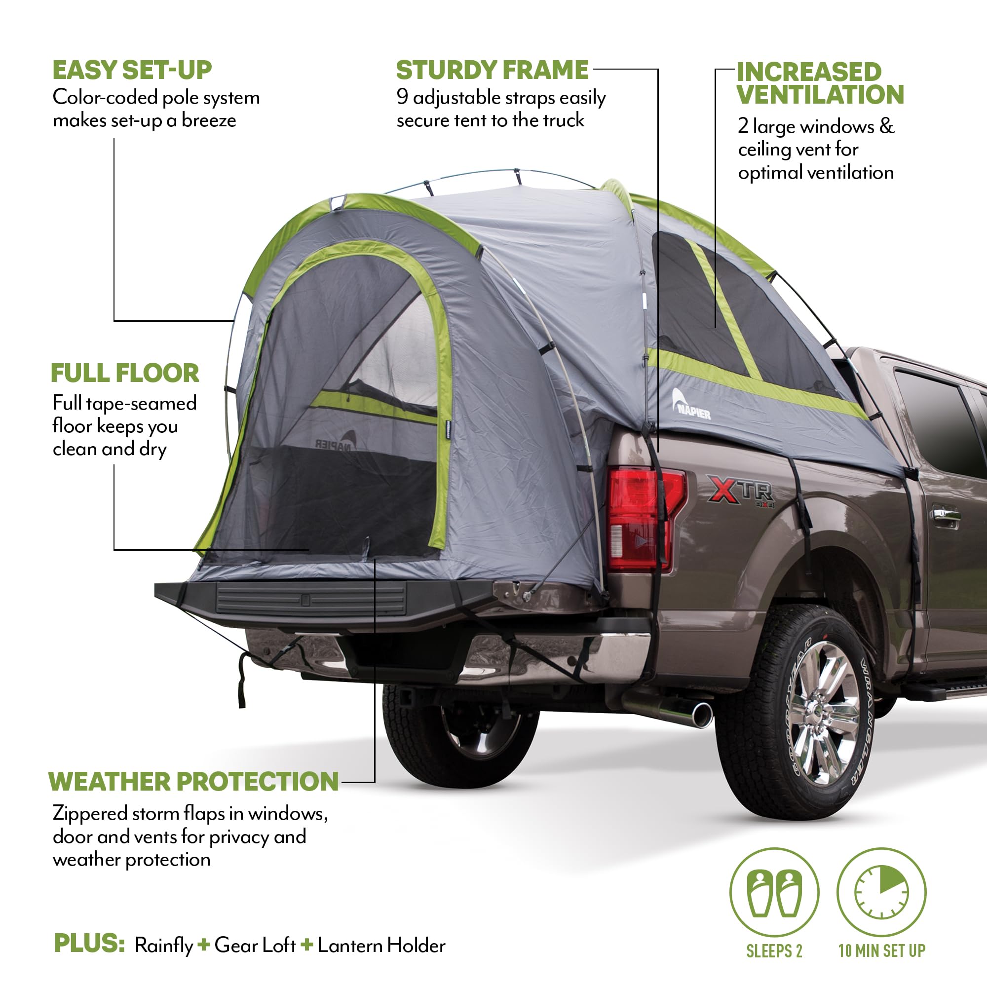 Napier Backroadz Truck Tent with Air Mattress - Waterproof 2-Person Camping Gear for Full Size Trucks