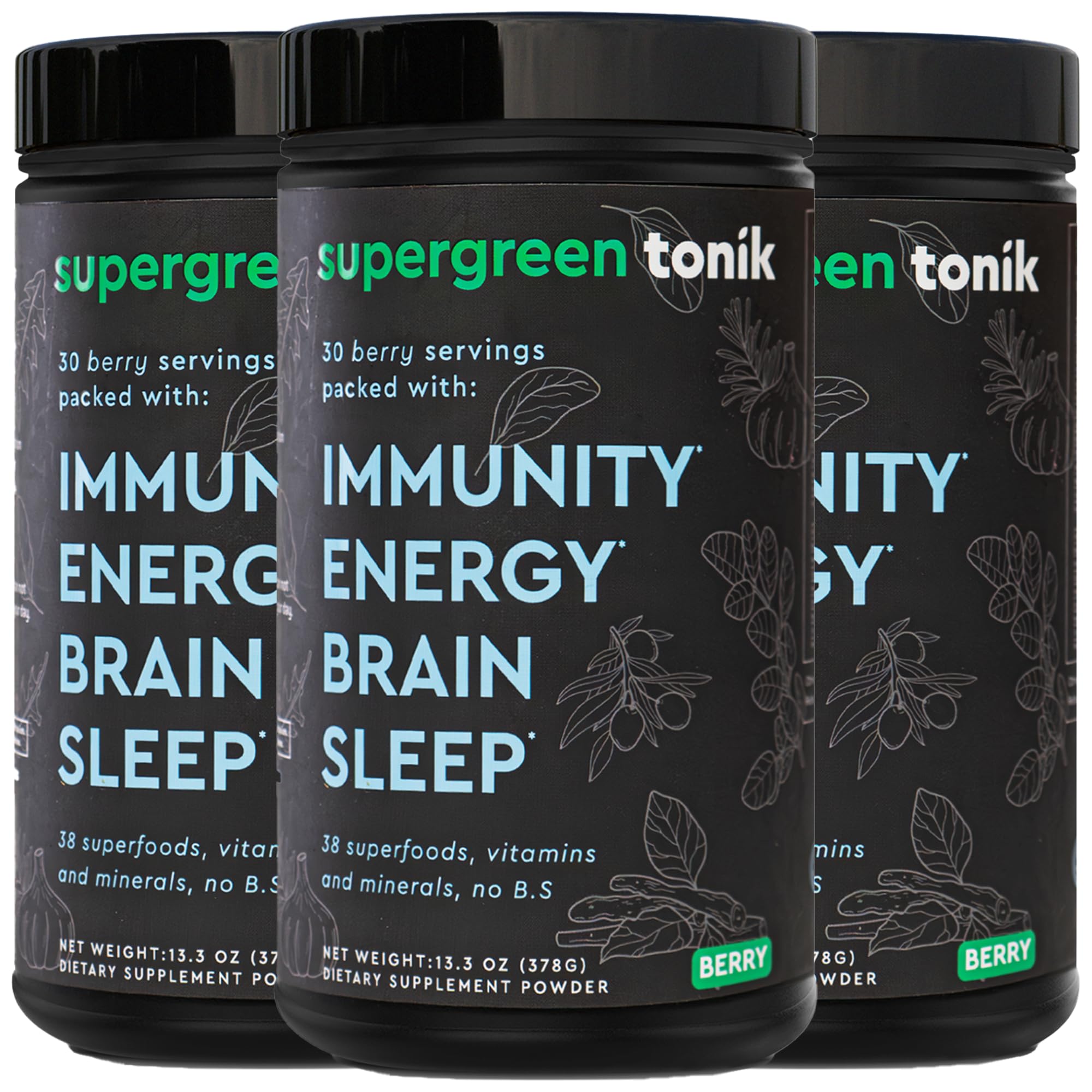 100% Natural Greens Superfood Powder - Organic Daily Supplement with 38 Superfoods, Vitamins & Minerals - Boosts Energy, Reduces Stress & Enhances Immunity - Berry Flavor (3 Tubs, 360g, 30-Day Supply) - Perfect for Smoothies, Juices & Healthy Lifestyles