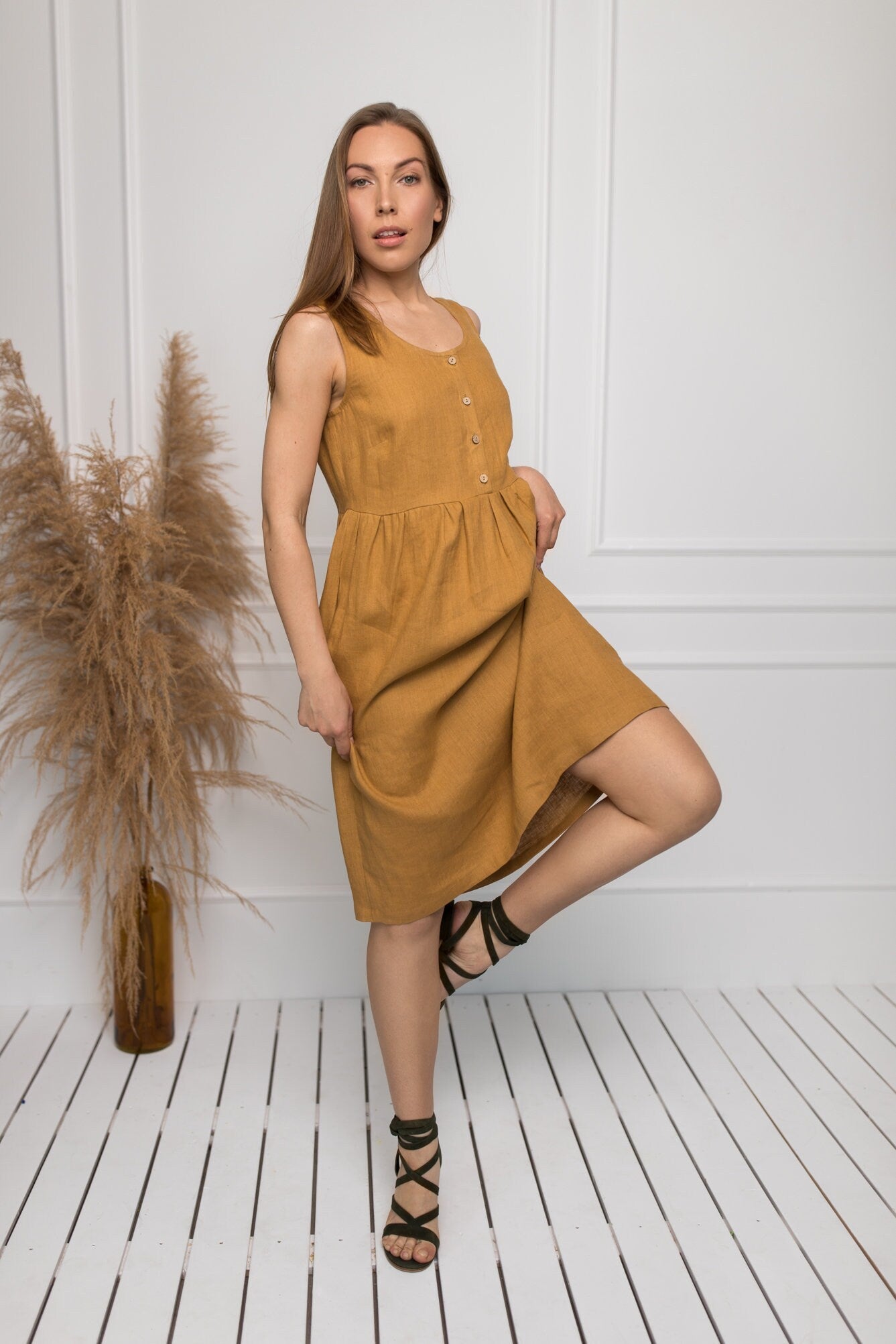 BARBARA Sleeveless Linen Maternity Dress in Amber Yellow - Comfortable Summer Pregnancy Outfit for Beach, Vacation & Casual Wear