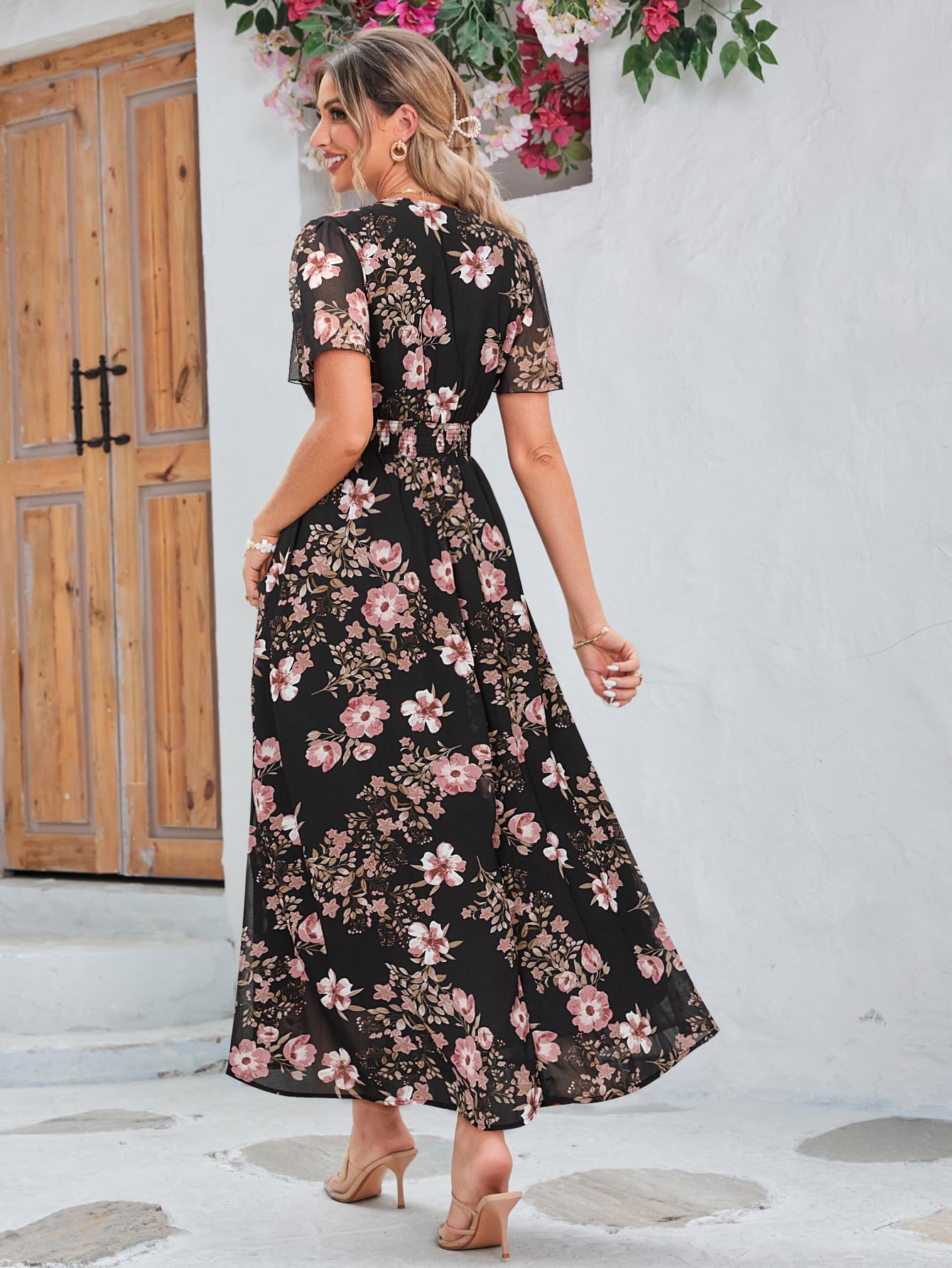 Simplee Women's Boho Floral Maxi Dress - Flowy Casual V-Neck Short Sleeve Summer Dress for Wedding Guest, Holiday, Beach & Vacation | Perfect for Outdoor Parties, Date Nights & Tropical Getaways