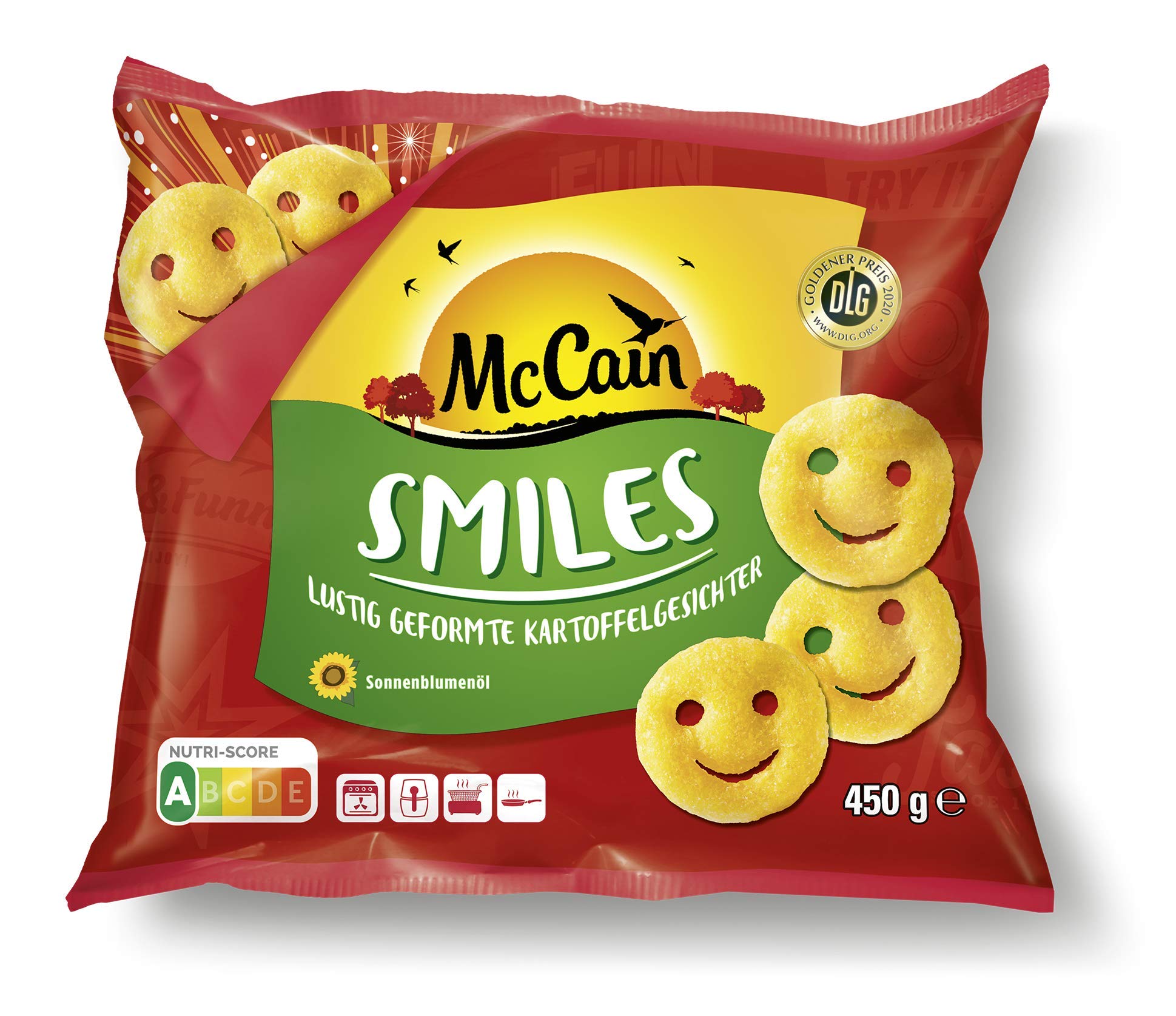 McCain Smiles Frozen Potato Smiles 450g - Crispy & Fun Potato Snacks for Kids, Parties, and Family Meals
