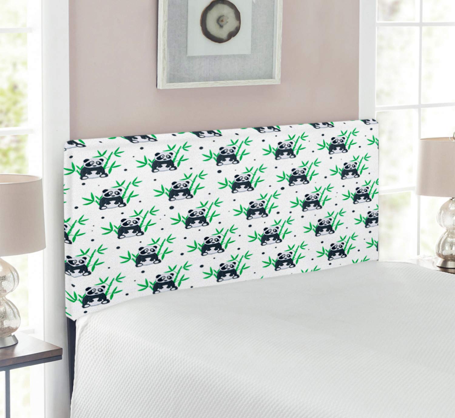 Ambesonne Asian Panda Headboard - Cartoon Bamboo Wildlife Zoo Design, Fun Nature Themed Twin Size Upholstered Metal Bed Frame with Memory Foam in Green Black White | Perfect for Kids' Rooms, Nursery Decor & Jungle Themed Bedrooms
