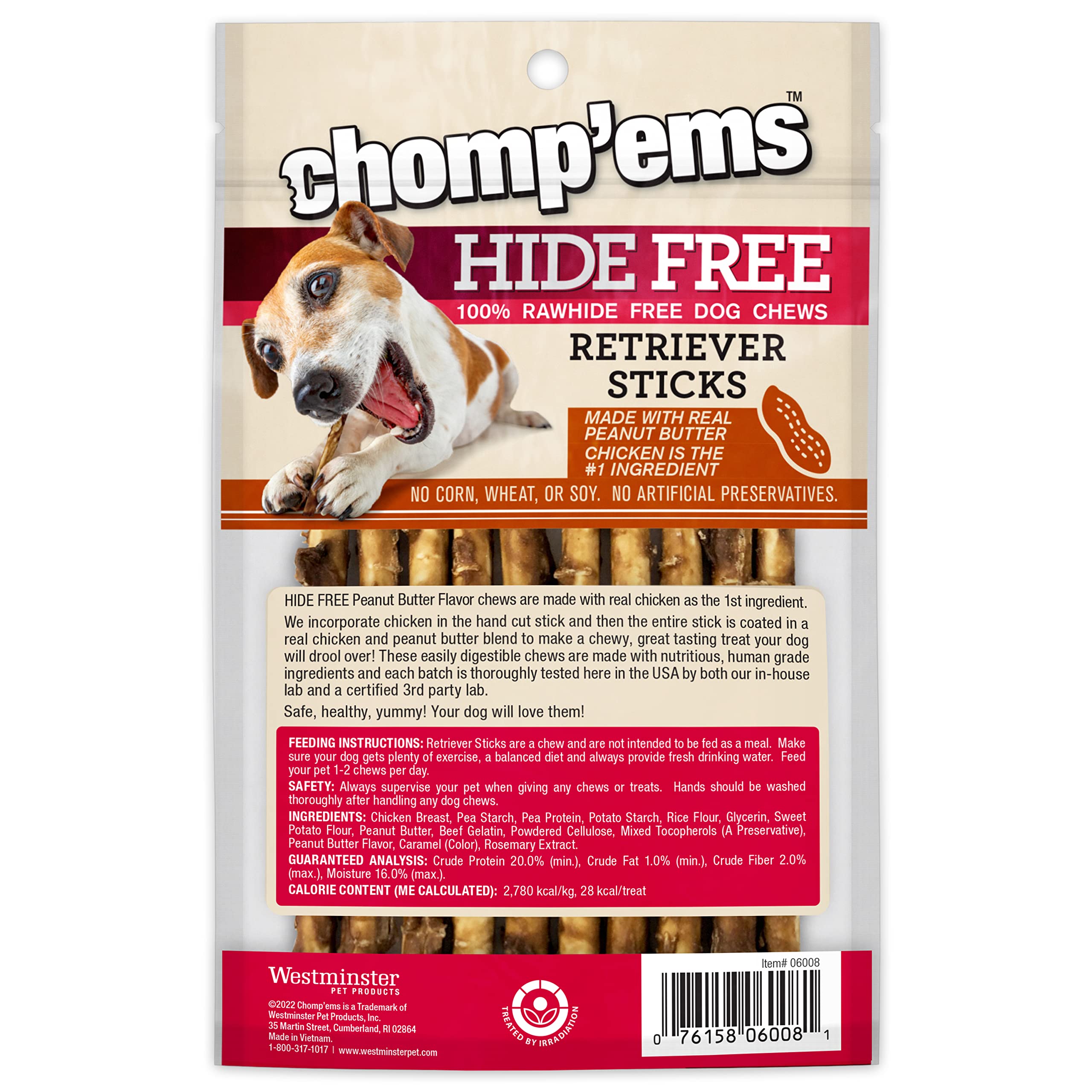 CHOMP 'EMS Chicken & Peanut Butter Dog Chews - Natural Rawhide-Free Treats for Puppies & Adult Dogs - 5 Inch Long-Lasting Chews (10 Count) - Perfect for Training, Teething Relief & Dental Health