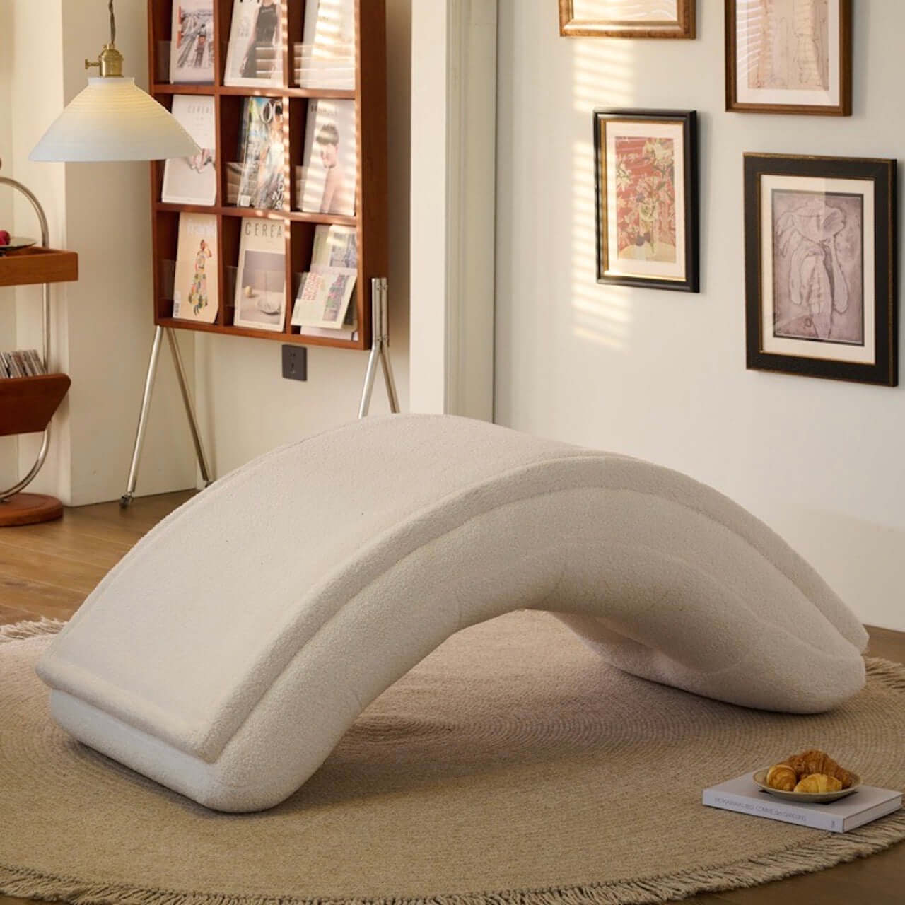 White Boucle Caterpillar Lounge Chair - Single Sofa Rocker with Soft Cushion - Modern Accent Chair for Living Room, Bedroom & Nursery - Cozy Reading Nook & Relaxation Chair