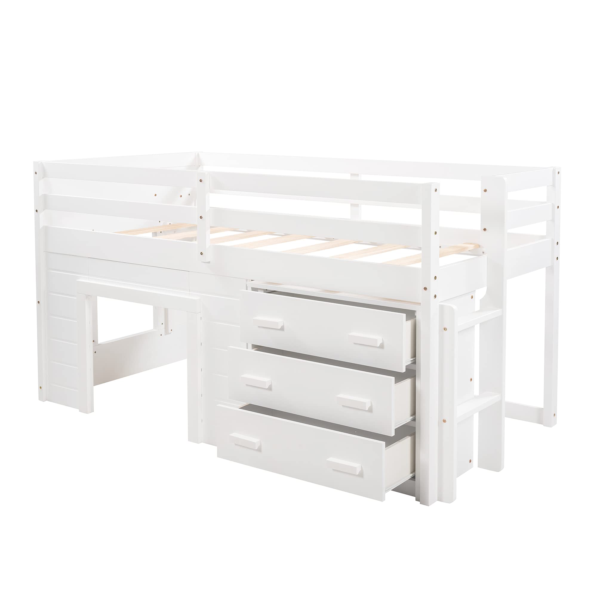 Twin Size Loft Bed with 3 Wide Drawers & Shelves - Sturdy Wooden Bunk Bed for Teens & Adults - Space-Saving Furniture for Small Bedrooms, Dorms & Apartments - No Box Spring Needed