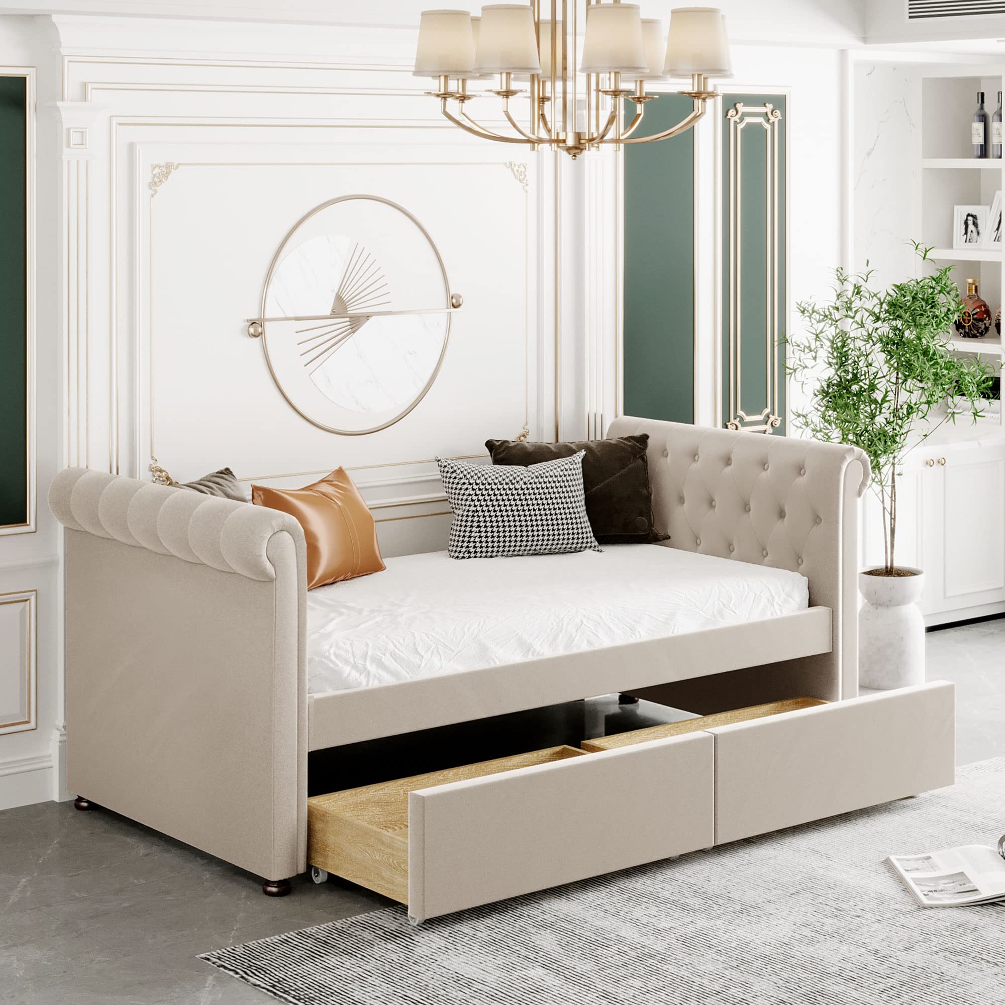 Twin Size Upholstered Daybed with 2 Storage Drawers & Tufted Sofa Bed - Wood Frame Beige for Guest Room, Small Space & Multi-Functional Furniture