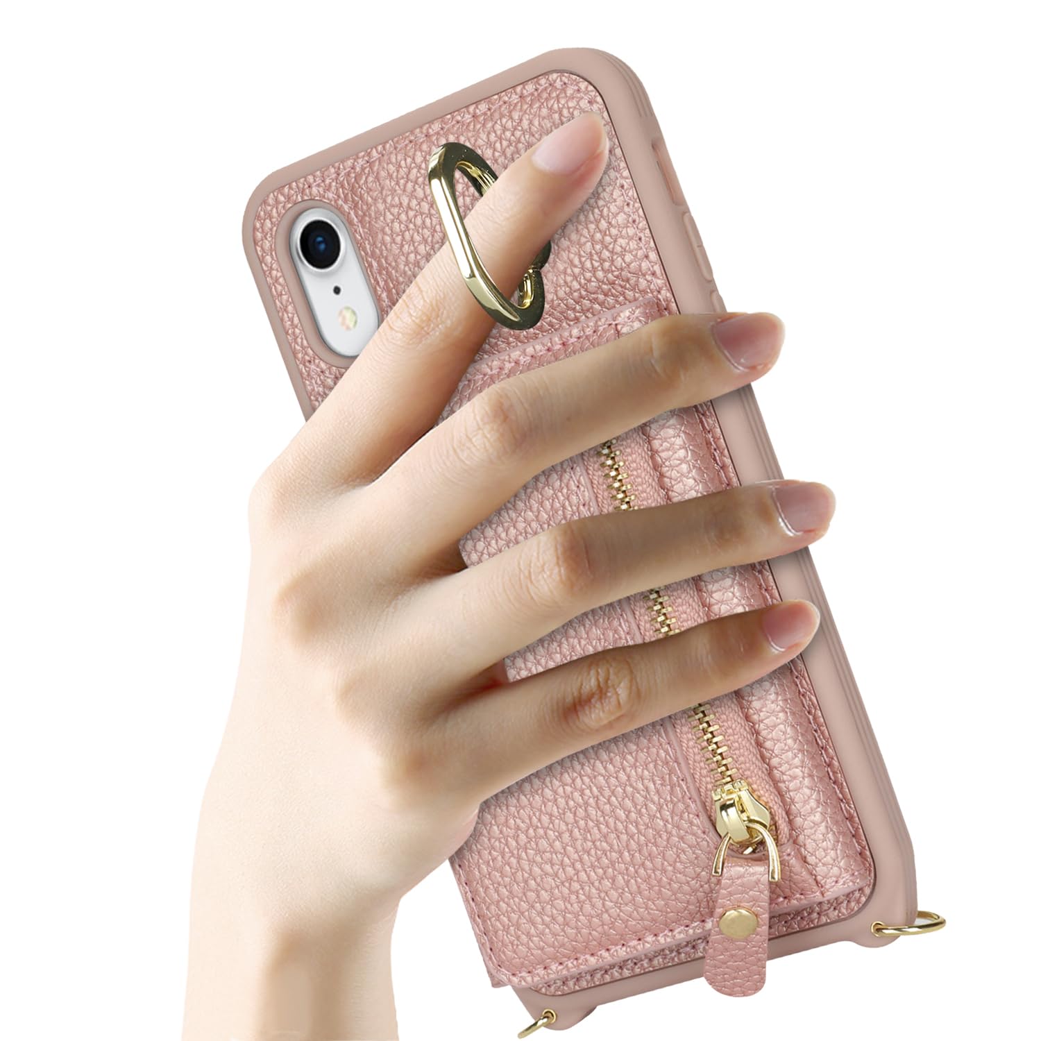 Premium Leather iPhone XR Case with Card Holder & Crossbody Strap - Wallet Phone Case for Women with Zipper Pocket & Stand Ring (Rose Gold) - Perfect for Travel, Shopping & Everyday Use