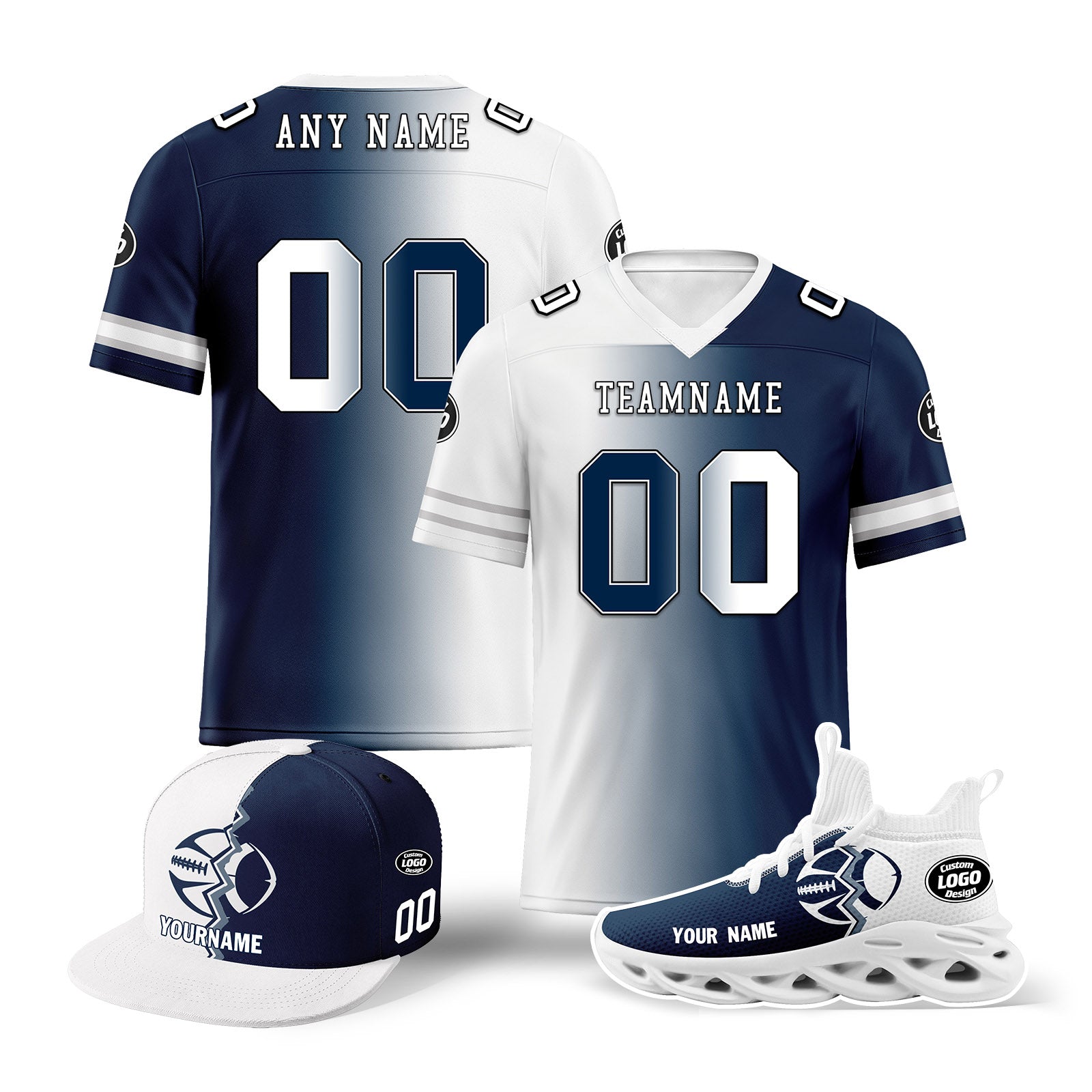 Custom Deep Blue & White Texas Football Jersey with MaxSoul Shoes & Hat Combo - Personalized Football Uniform Set for Fans & Players - Perfect for Game Day, Tailgating, and Team Spirit Events