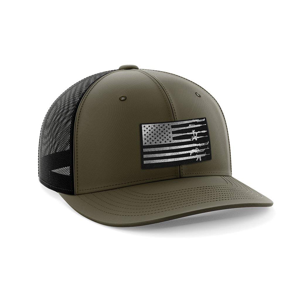 Rifle Flag Black Leather Patch Hat - Military Style Embroidered Cap for Outdoor, Hunting & Tactical Enthusiasts