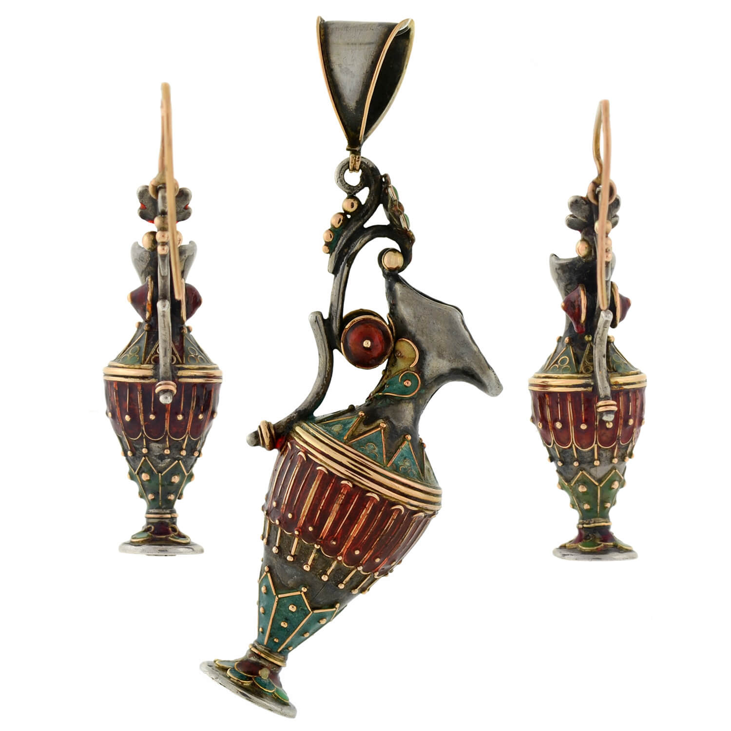 Victorian Sterling Silver Enameled Etruscan Urn Earrings and Pendant Set - Elegant Antique Jewelry for Women, Perfect for Weddings, Parties & Special Occasions