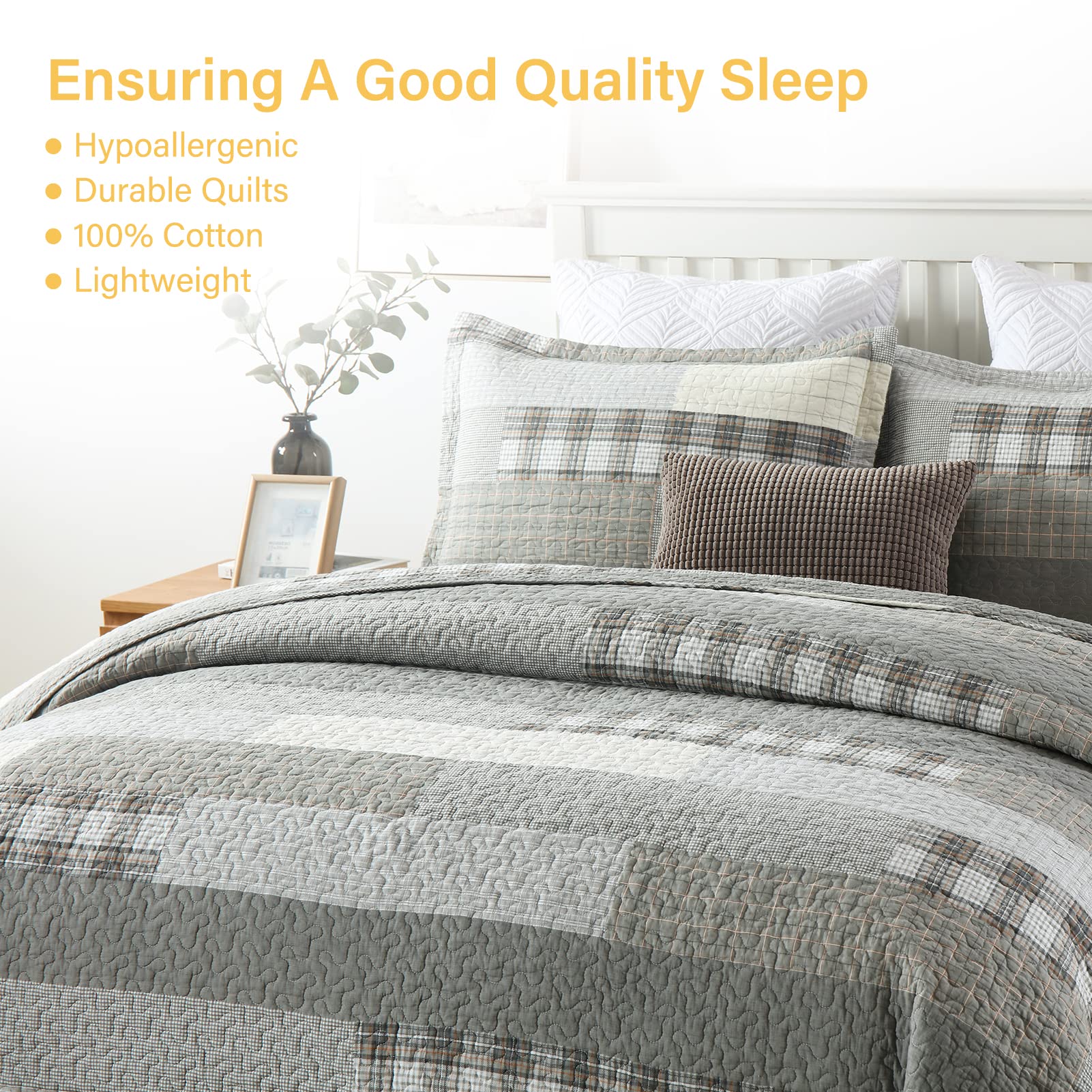 SahSahCasa 100% Cotton Queen Size Quilt Set - Reversible Patchwork Lightweight Plaid Bedspread (3-Piece, Grey/Cream) | Farmhouse Style All-Season Bedding for Master Bedroom, Guest Room & Cozy Home Decor