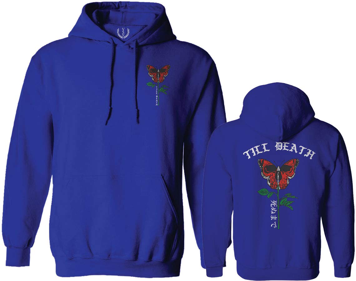 Gothic Skull & Rose Hoodie - Till Death Red Rose Flower with Butterfly Design - Unisex Primitive Volcon Hooded Sweatshirt for Halloween, Punk Fashion & Streetwear