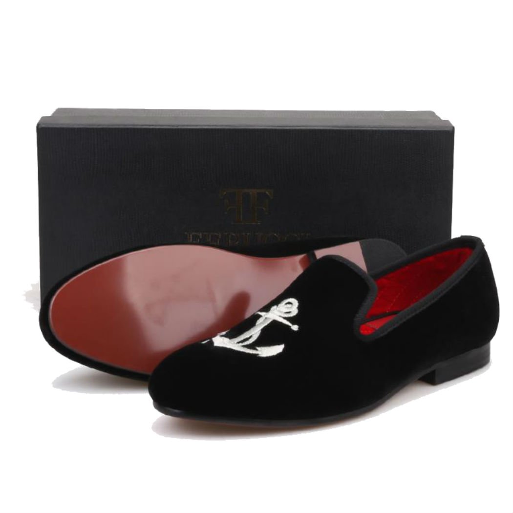 FERUCCI Handmade Men's Black Velvet Loafers with Silver Anchor Detail - Comfortable House Slippers for Indoor/Outdoor Wear, Perfect Gift for Dad & Husband