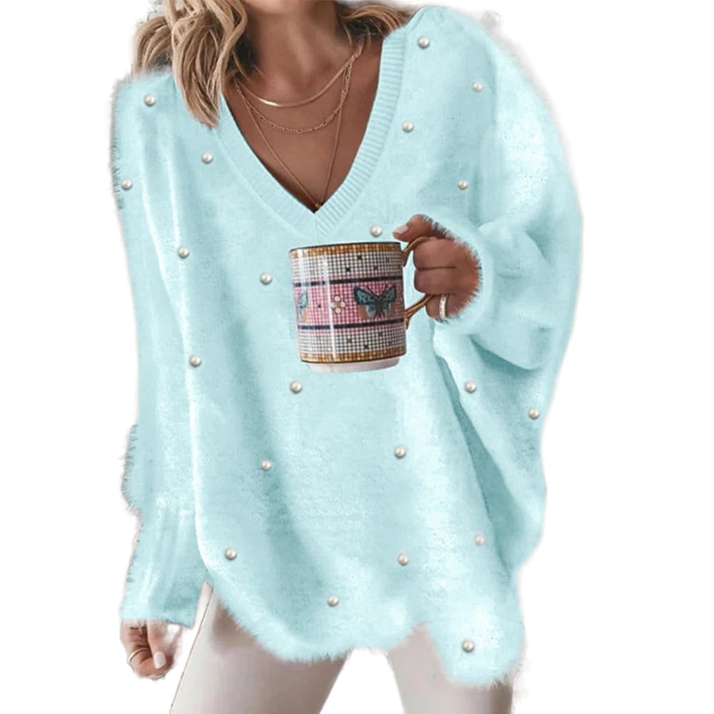 Trendy Women's Oversized Pearl Embellished V-Neck Pullover Sweater - Soft Knit Long Sleeve Top for Casual Outfits & Winter Layering