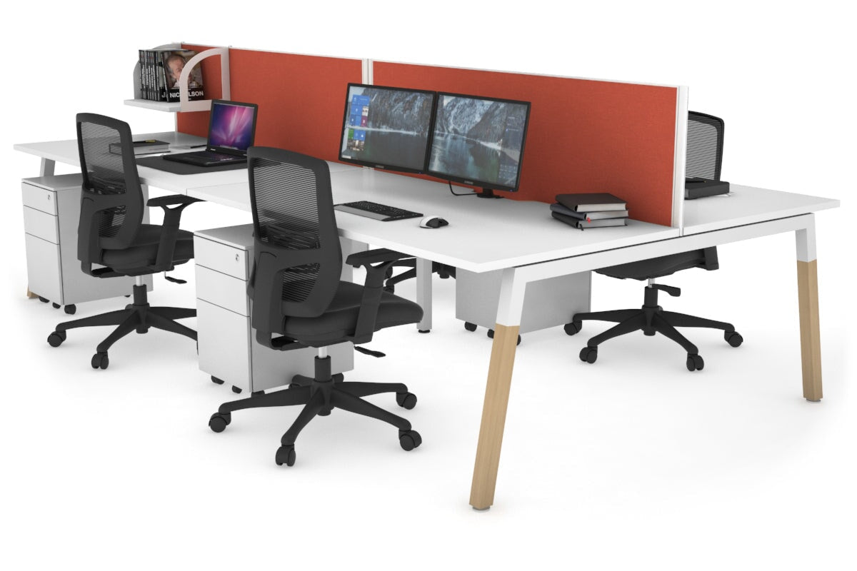 Quadro A Legs 4-Person Office Workstation with Wood Legs & Cross Beam - 1600L x 800W Dimensions with Cable Management Scallop | Perfect for Collaborative Workspaces, Home Offices & Shared Workstations