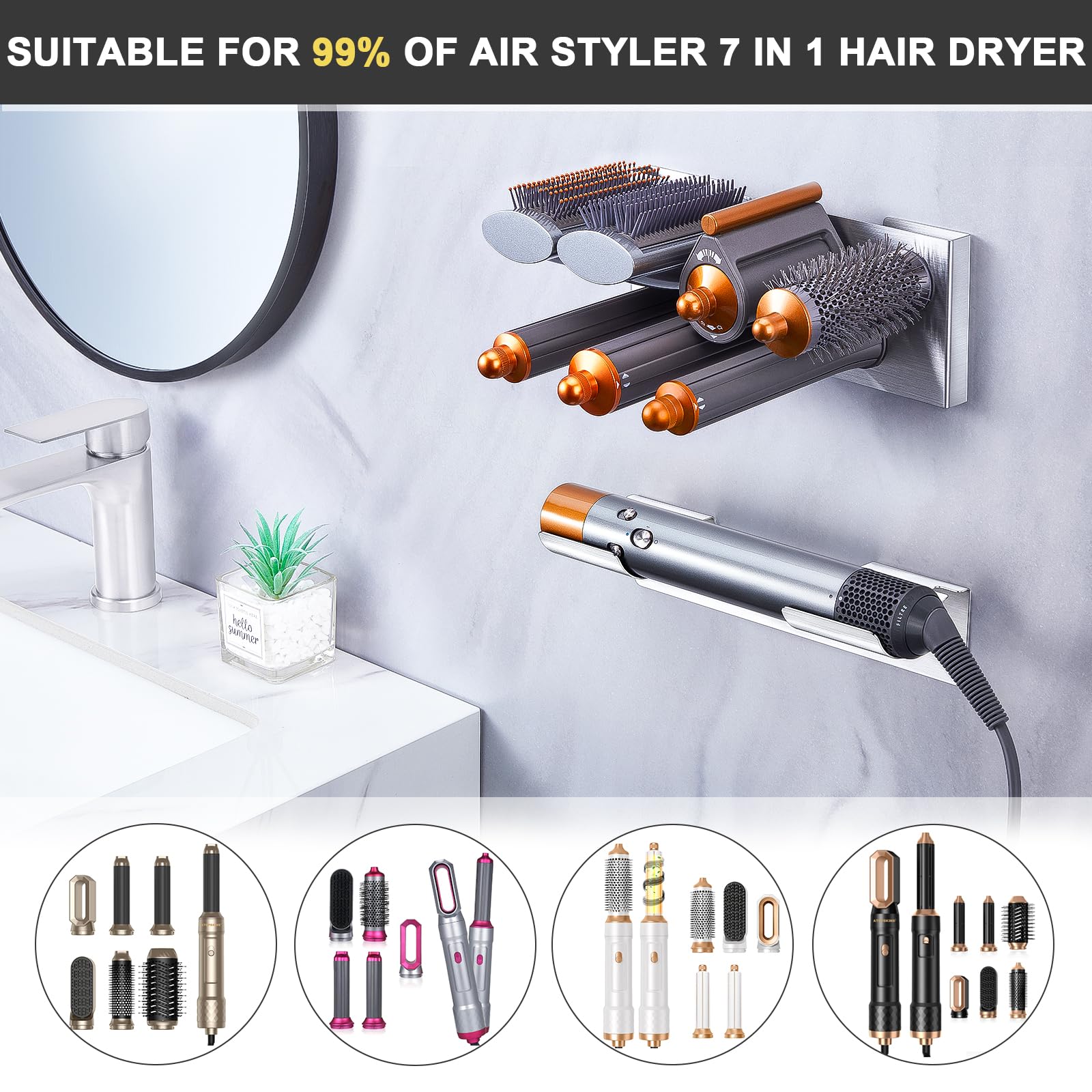 7 in 1 Wall Mount Hair Dryer Holder - Adhesive Blow Dryer & Curling Iron Organizer - Stainless Steel Hair Tools Storage for Bathroom, Salon & Home Use