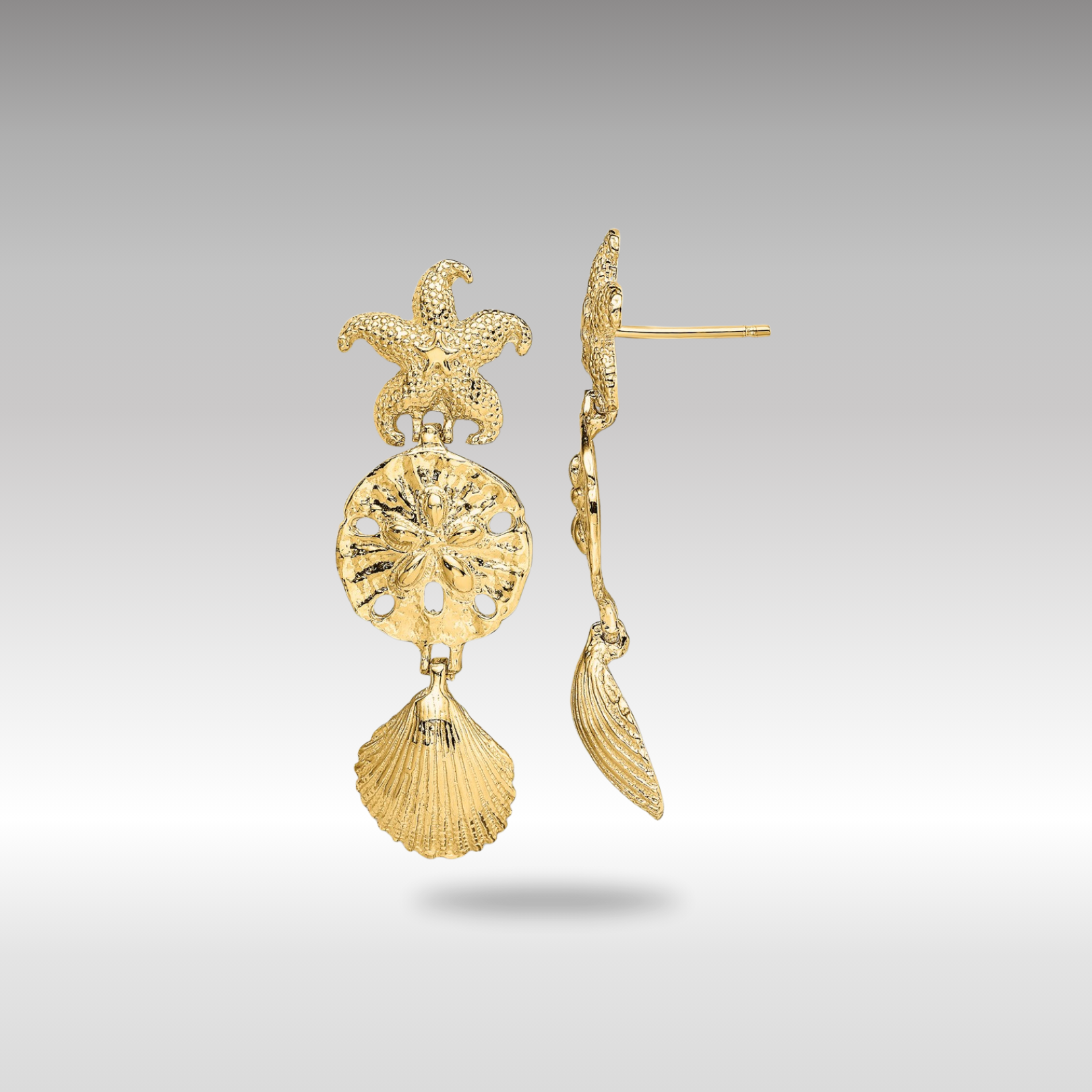 Gold Diamond Cut Starfish Shell Sand Dollar Dangle Earrings TE847 - Elegant Beach Jewelry for Summer Vacation & Boho Fashion