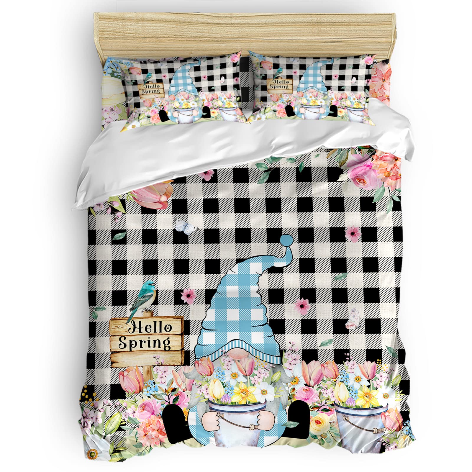 Floral Gnomes Duvet Cover Set Twin Size - 4 Piece Spring Buffalo Plaid Country Style Bedding Set with Wrinkle-Free Comforter Cover, 2 Pillow Shams & Sheet | Soft Breathable Fabric for Cozy Bedroom Decor & Guest Room Essentials