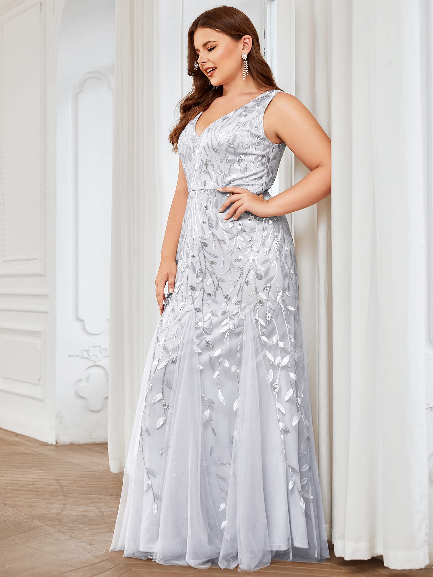 Ever-Pretty Women's Sequin V-Neck Sleeveless Bodycon Mermaid Evening Gown Plus Size Formal Dress for Prom, Party, Wedding & Special Occasions - Style 07886-PZUSA