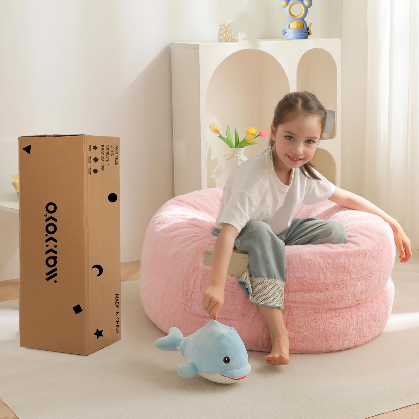 MAXYOYO Kids Bean Bag Chair Bed - Convertible Lazy Chair to Floor Mattress | Soft Pink Lounge Furniture for Playroom, Dorm & Sleepovers | Toddler & Teen Comfort Seating