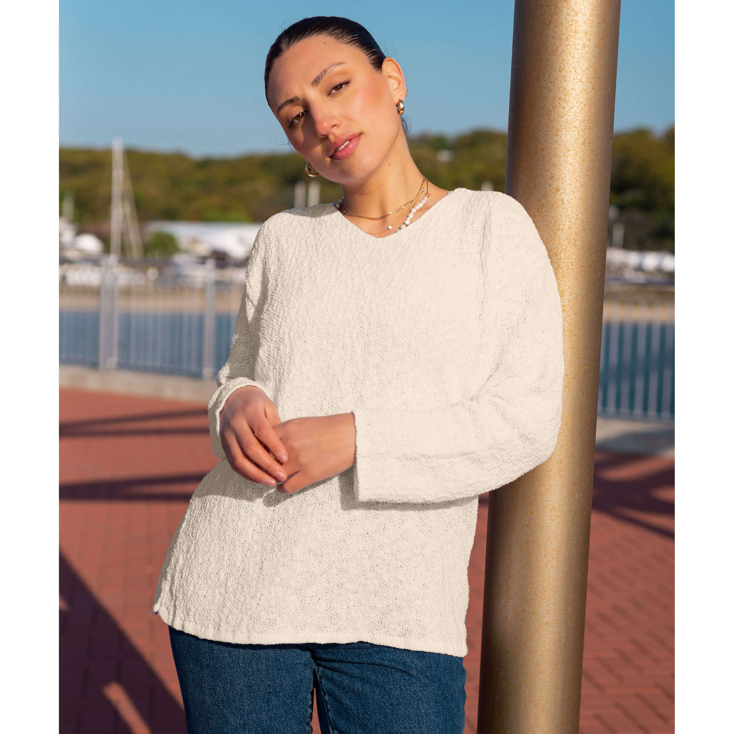 Avalin Women's V Neck Scramble Stitch Knit Sweater - Cream | Soft Casual Pullover for Fall & Winter | Perfect for Office, Date Night & Weekend Outfits