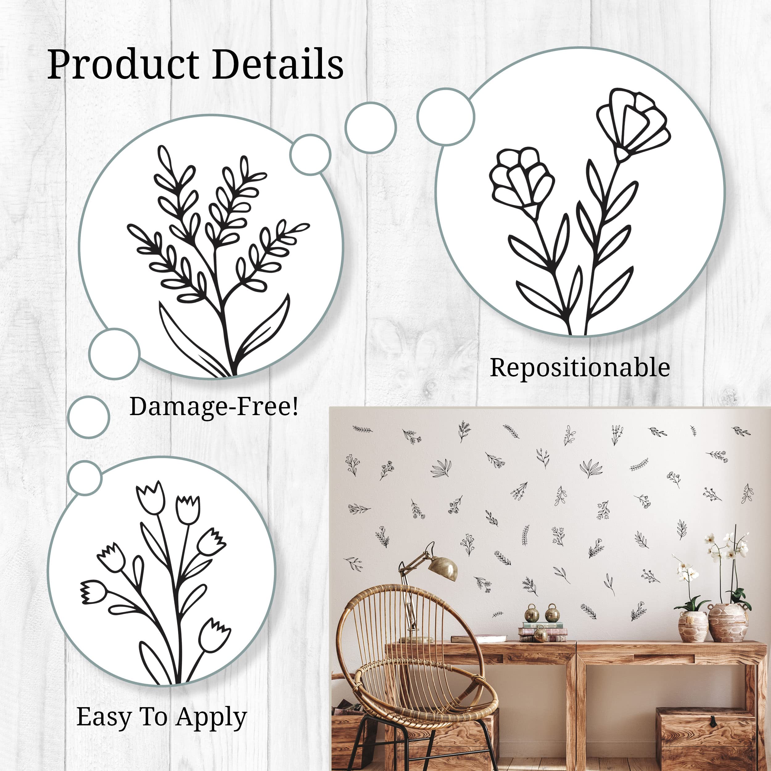 Small Black Flowers Peel and Stick Wall Decals - Set of 88 Floral Wall Stickers (1