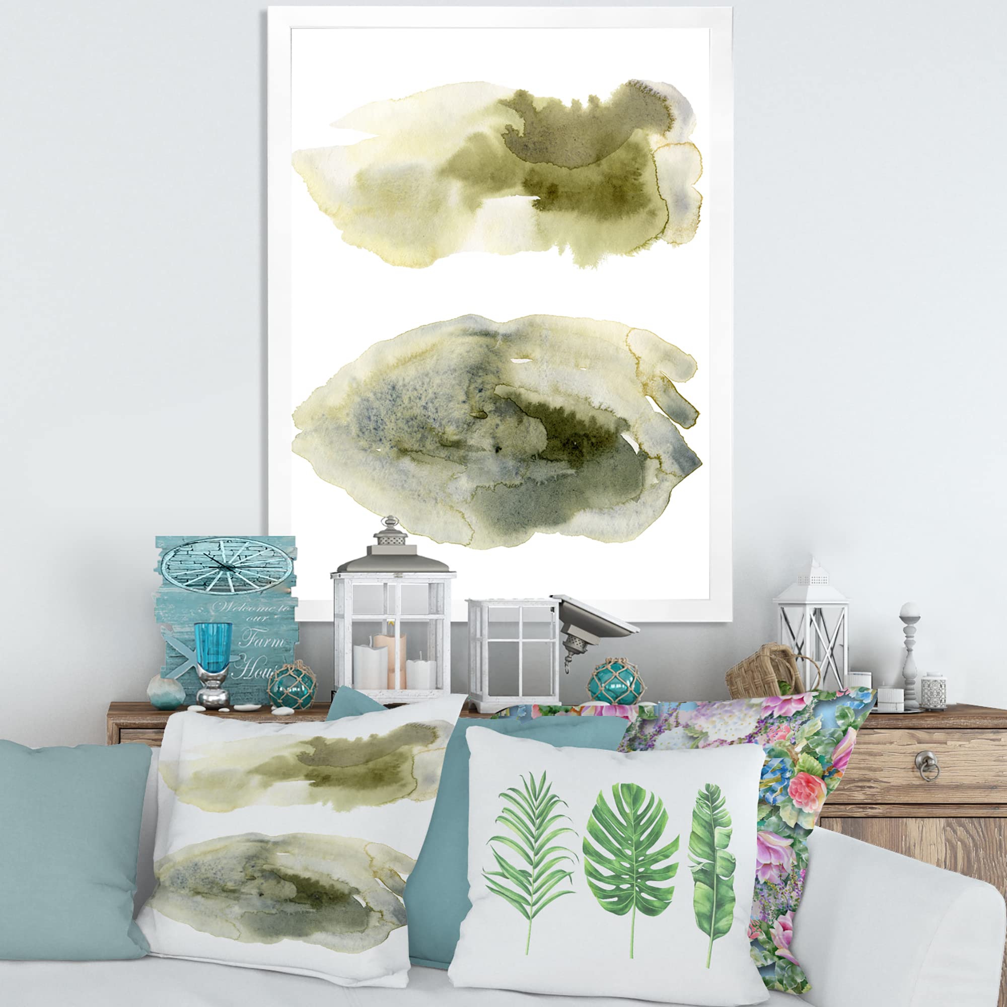 DesignQ Dark Green Abstract Clouds Modern Framed Wall Art - Contemporary Home Decor for Living Room, Bedroom & Office