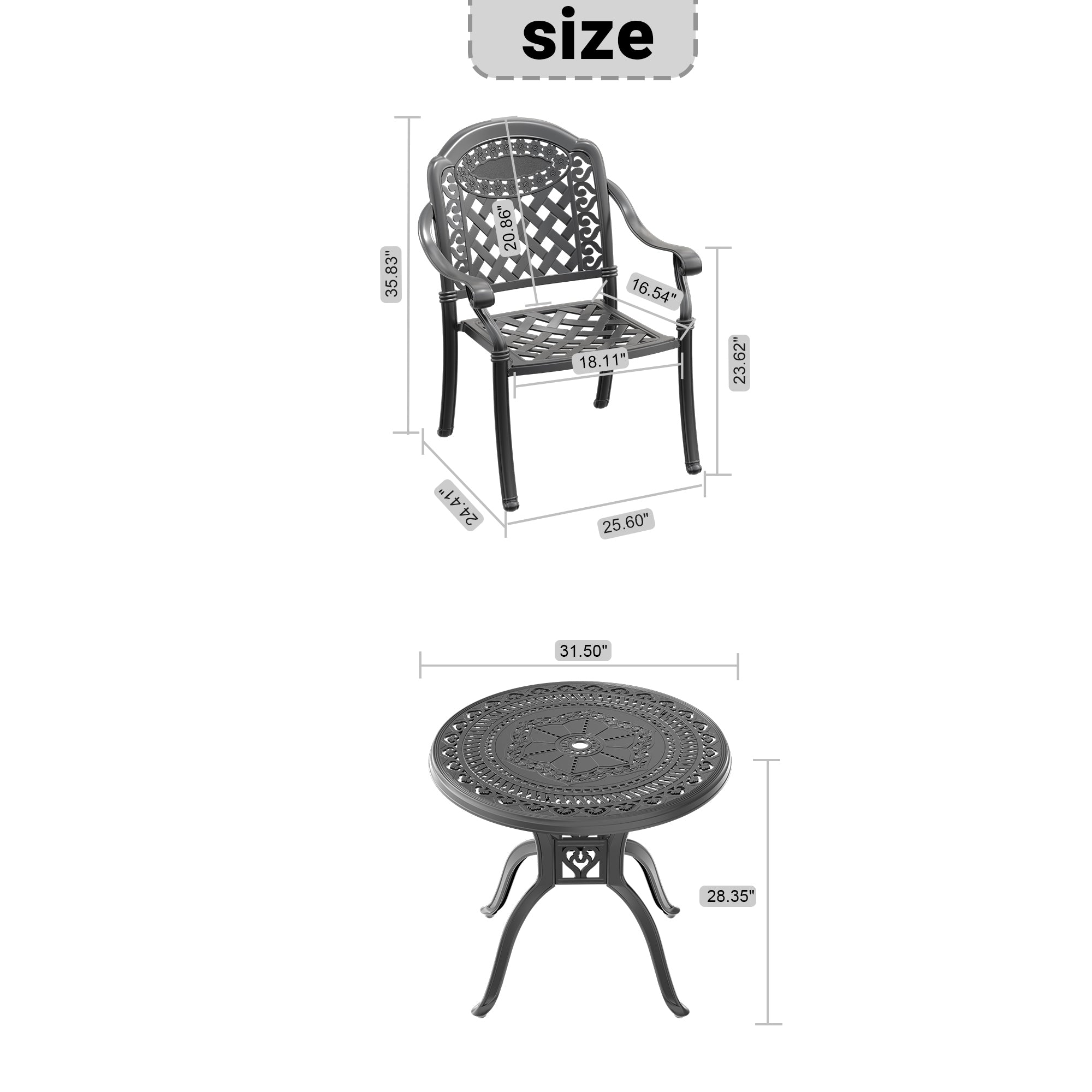 3-Piece Cast Aluminum Patio Furniture Set with Cushions (Random Colors) - Outdoor Dining & Lounge Set for Garden, Poolside, and Backyard Relaxation