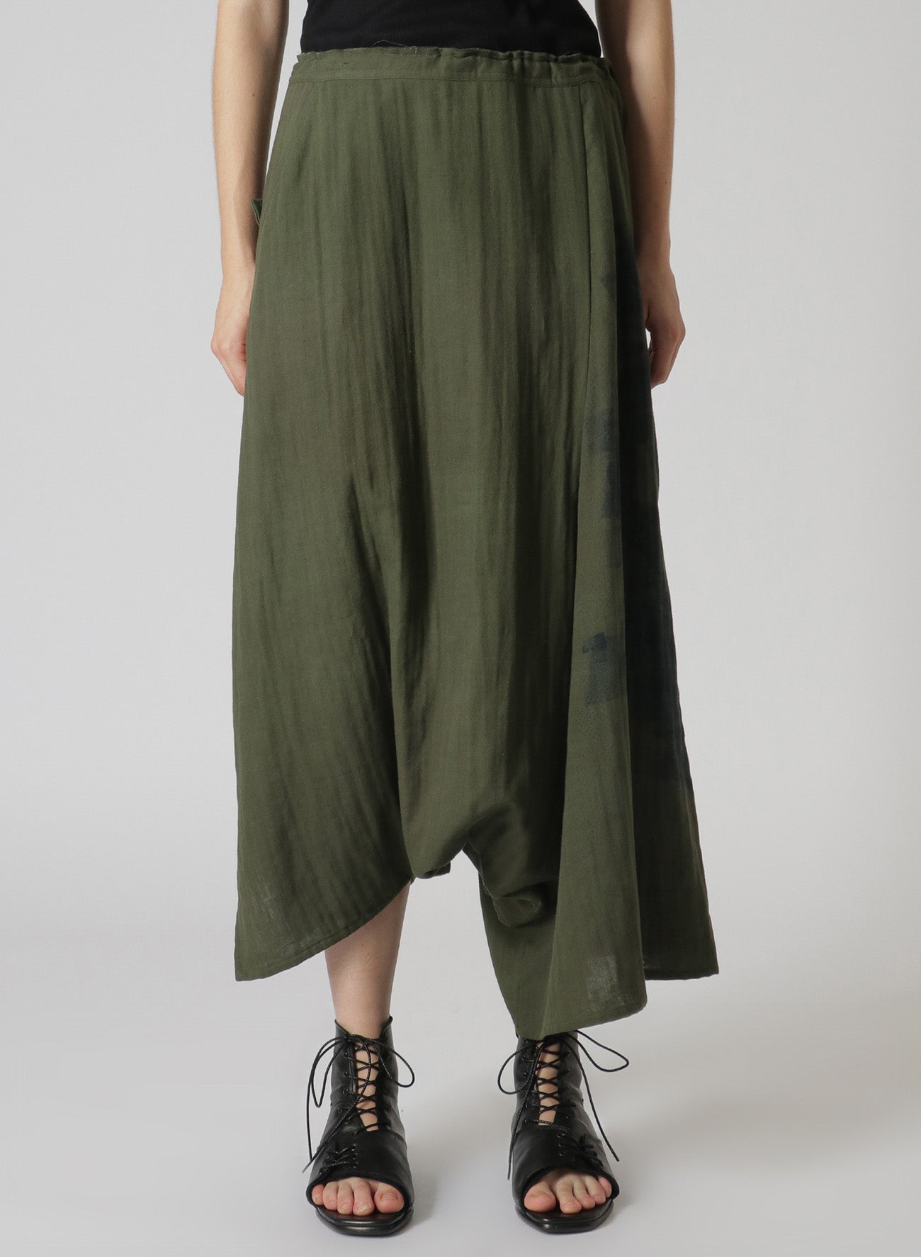 Soft & Breathable Cotton Double Gauze Asymmetrical Pants with Waist Tie - Flowy Blurred Net Print for Casual Wear, Boho Style & Summer Outfits