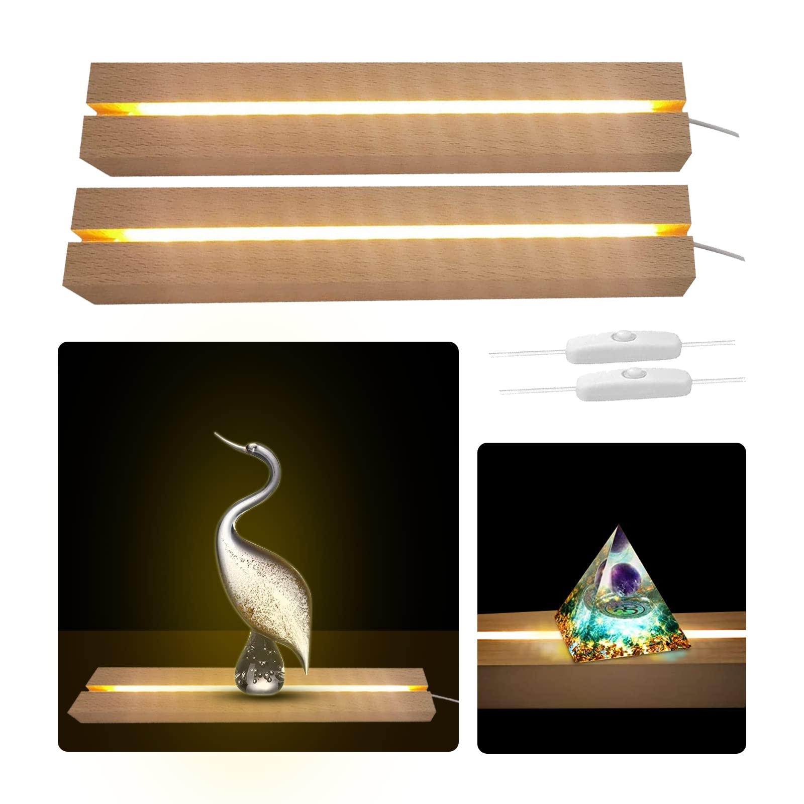 11.81 Inch LED Light Display Base - 2 Pack Wooden Pedestal for Acrylic & Glass Art, USB-Powered Night Light with Switch - Perfect for 3D Crystal Displays, Home Decor, and Gift Presentations